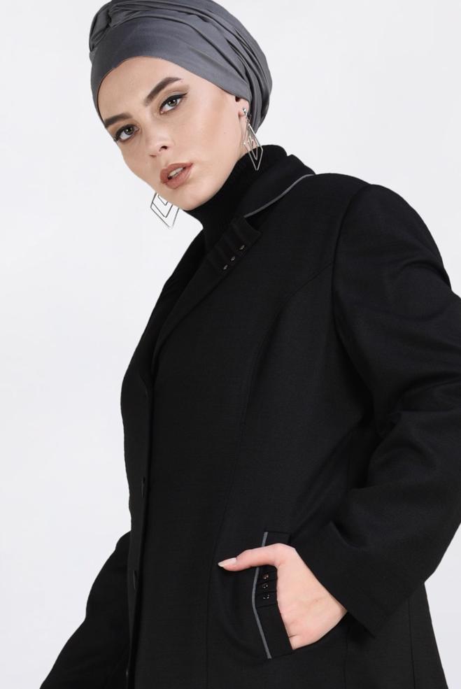 Vêtements hijab NOIR PARDESSUS À BOUTONNÉ AVEC POCHES 1352 - ALVİNA
