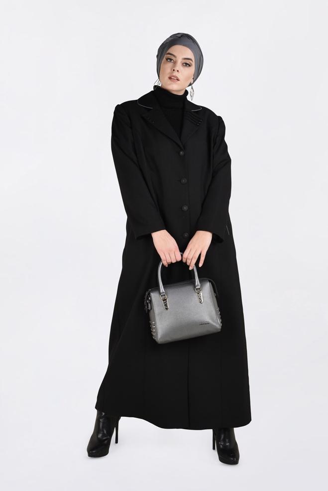 Vêtements hijab NOIR PARDESSUS À BOUTONNÉ AVEC POCHES 1352 - ALVİNA