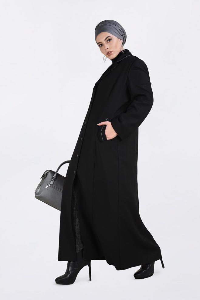 Vêtements hijab NOIR PARDESSUS À BOUTONNÉ AVEC POCHES 1352 - ALVİNA