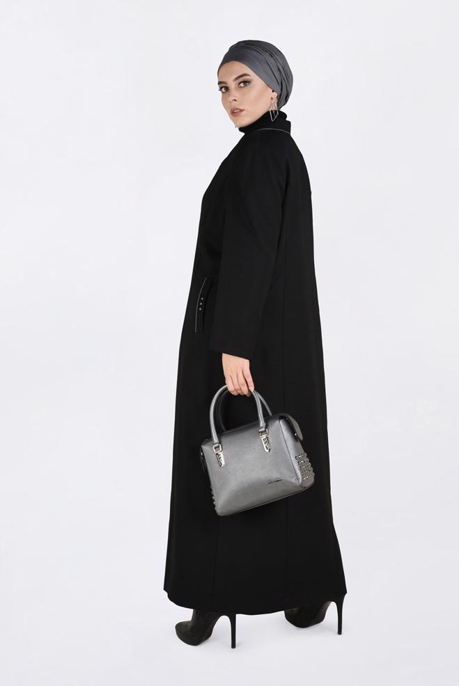 Vêtements hijab NOIR PARDESSUS À BOUTONNÉ AVEC POCHES 1352 - ALVİNA