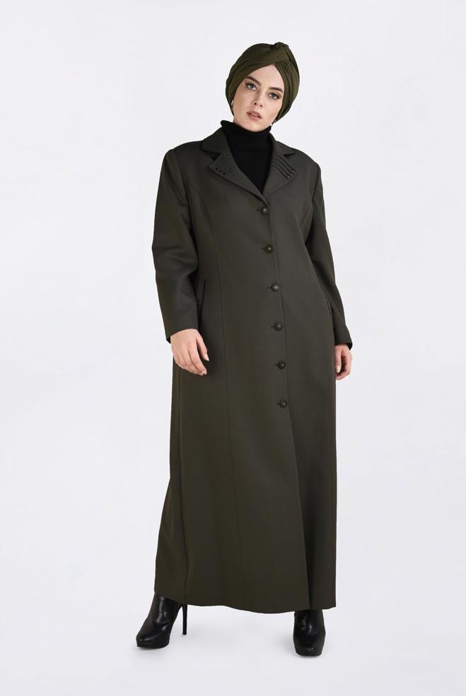 Vêtements hijab KAKI PARDESSUS À BOUTONNÉ AVEC POCHES 1352 - ALVİNA
