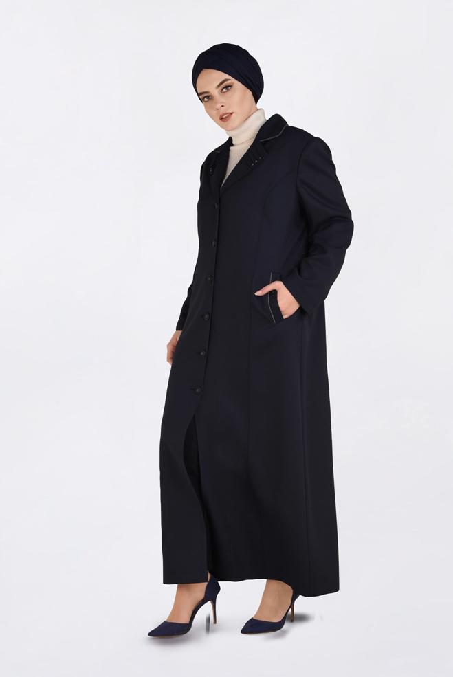 Vêtements hijab BLEU MARINE PARDESSUS À BOUTONNÉ AVEC POCHES 1352 - ALVİNA