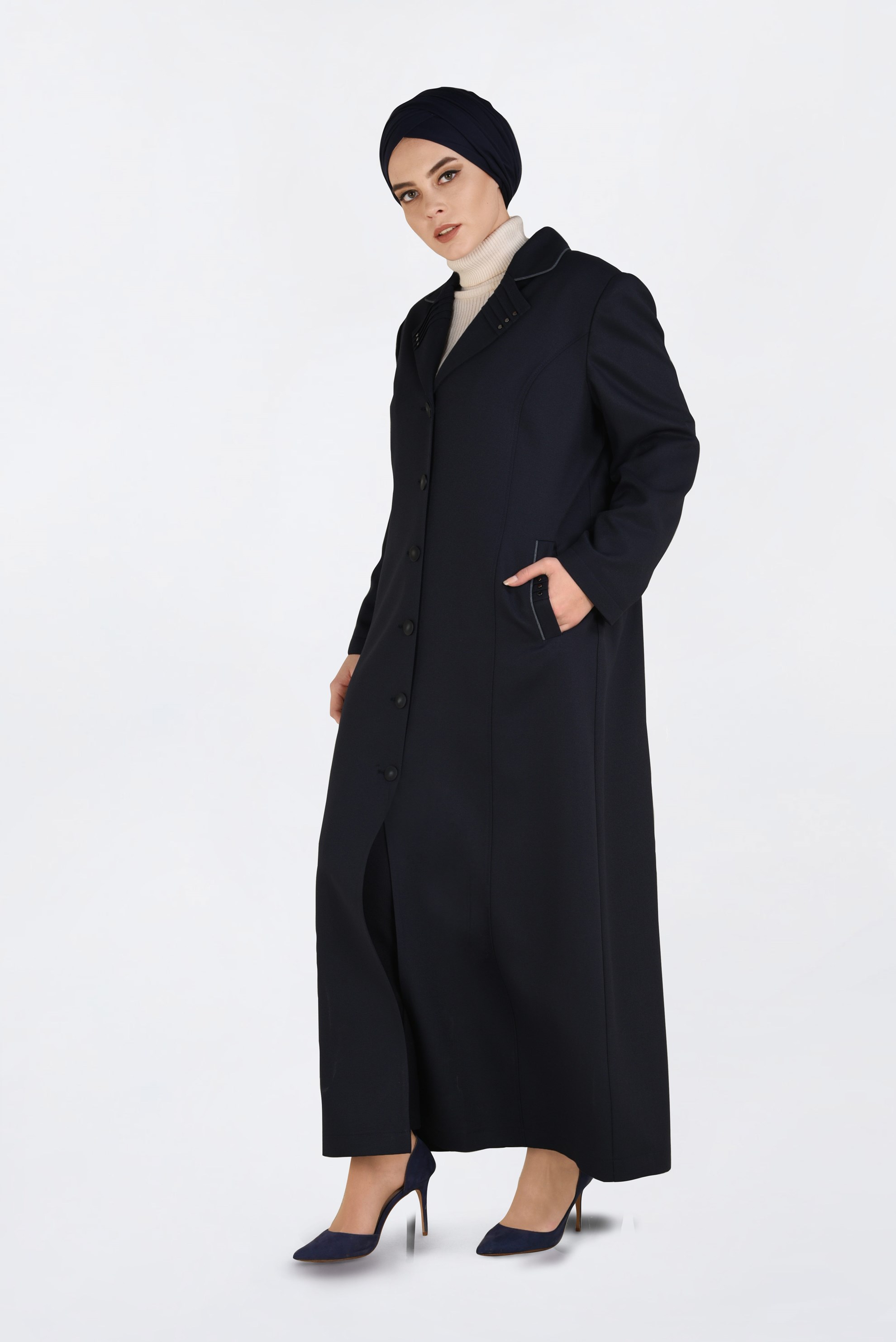 Tesettür giyim LACİVERT DÜĞMELİ CEP DETAYLI PARDESÜ 1352 
