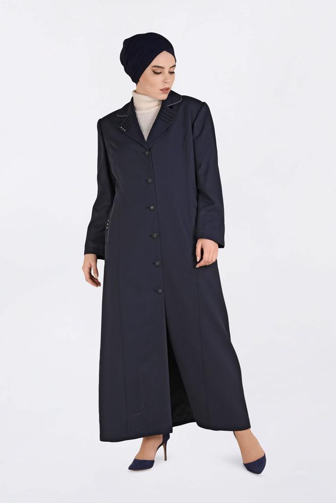 Vêtements hijab BLEU MARINE PARDESSUS À BOUTONNÉ AVEC POCHES 1352 - ALVİNA
