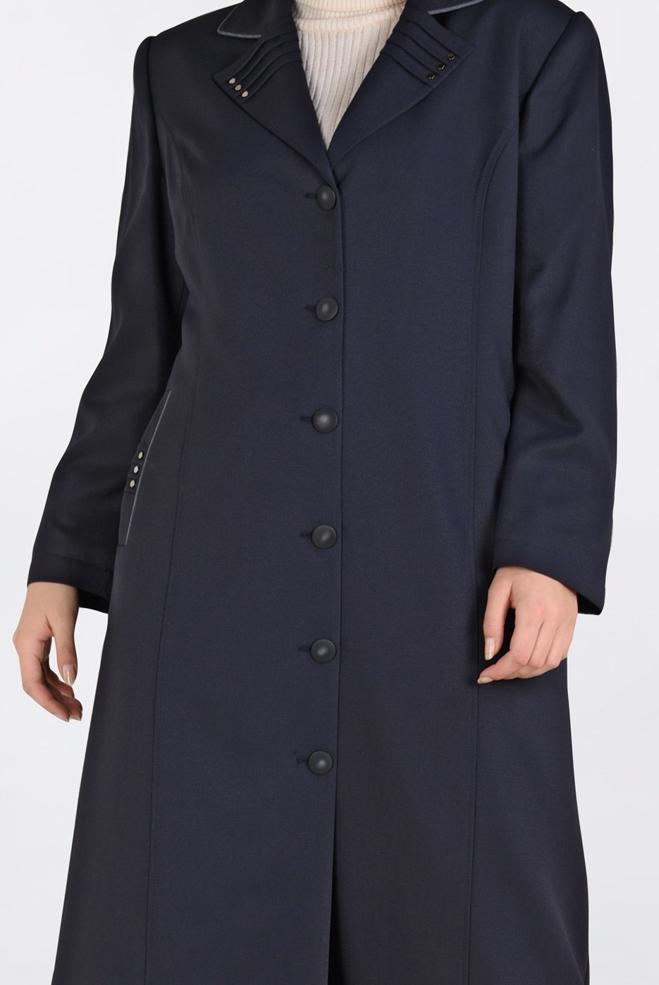 Vêtements hijab BLEU MARINE PARDESSUS À BOUTONNÉ AVEC POCHES 1352 - ALVİNA