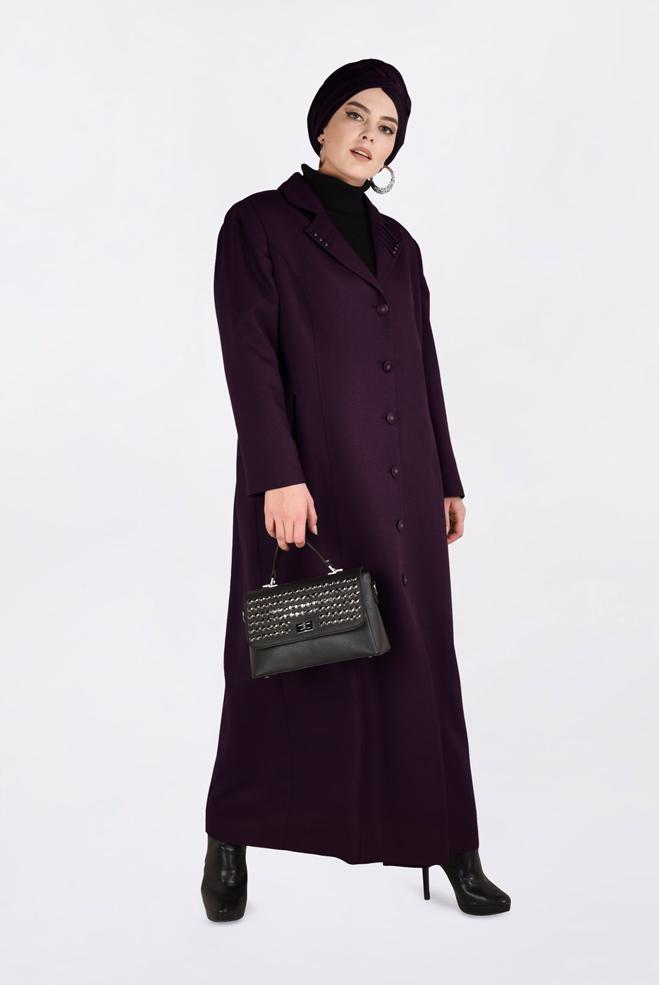 Vêtements hijab PRUNE PARDESSUS À BOUTONNÉ AVEC POCHES 1352 - ALVİNA