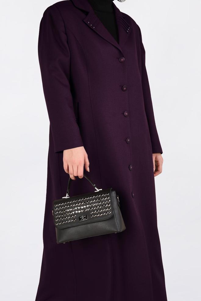 Vêtements hijab PRUNE PARDESSUS À BOUTONNÉ AVEC POCHES 1352 - ALVİNA