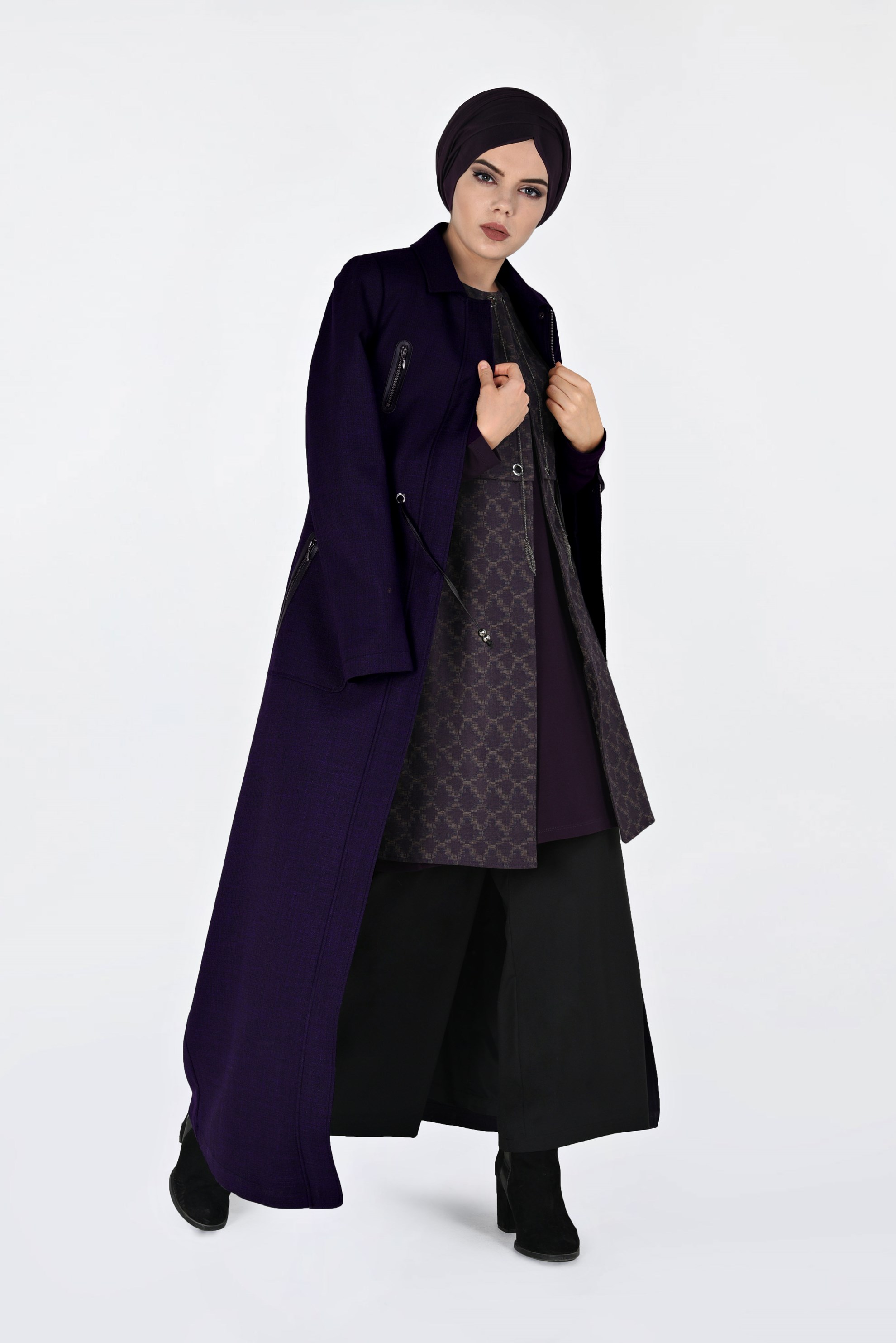 Tesettür giyim MOR GİZLİ FERMUARLI PARDESÜ 1355