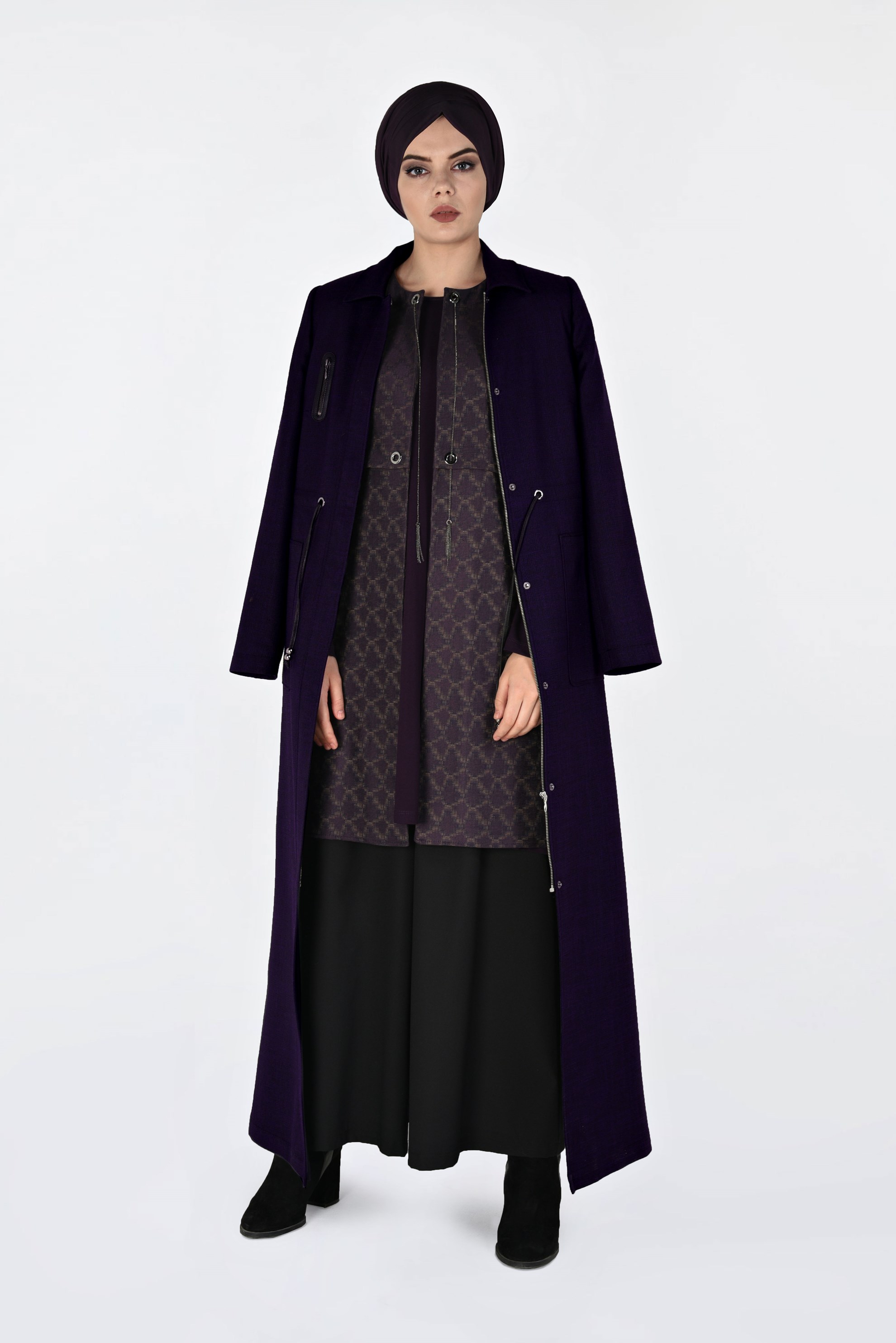 Tesettür giyim MOR GİZLİ FERMUARLI PARDESÜ 1355