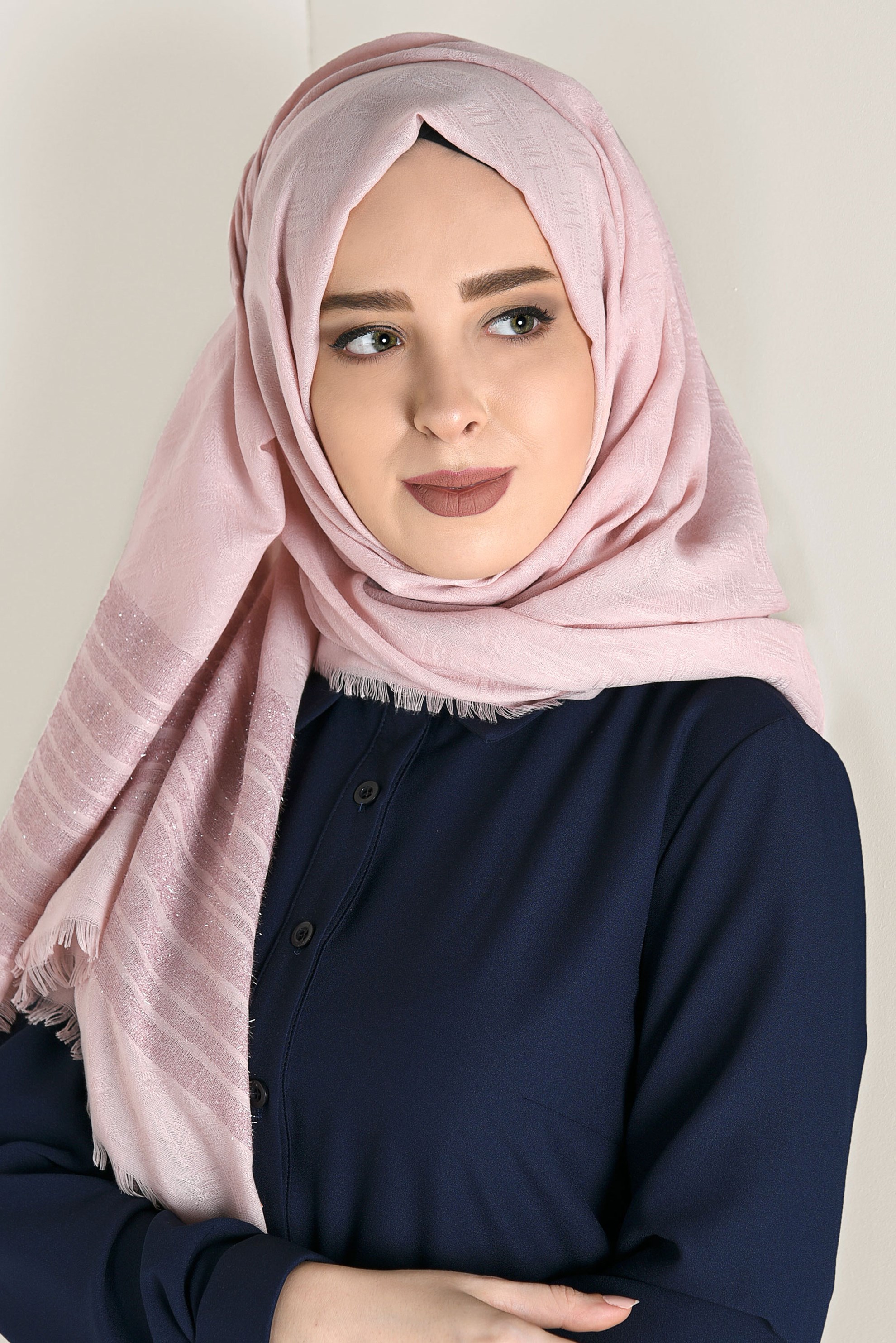 Tesettür giyim PUDRA ALVİNA SİMLİ JAKARLI ŞAL 9927 