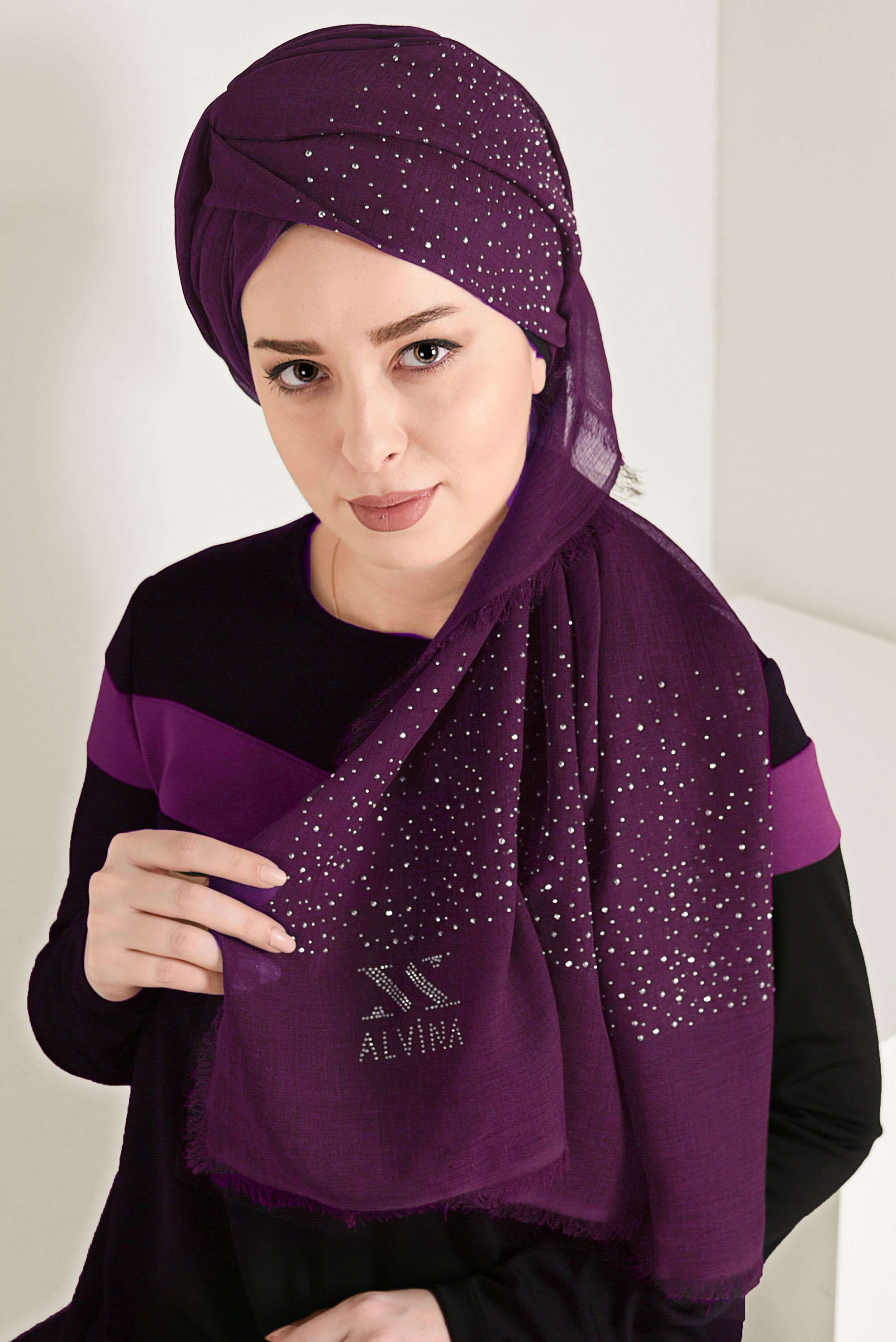 Tesettür giyim BORDO ALVİNA HAİTİ TAŞ BASKI ŞAL 9932 