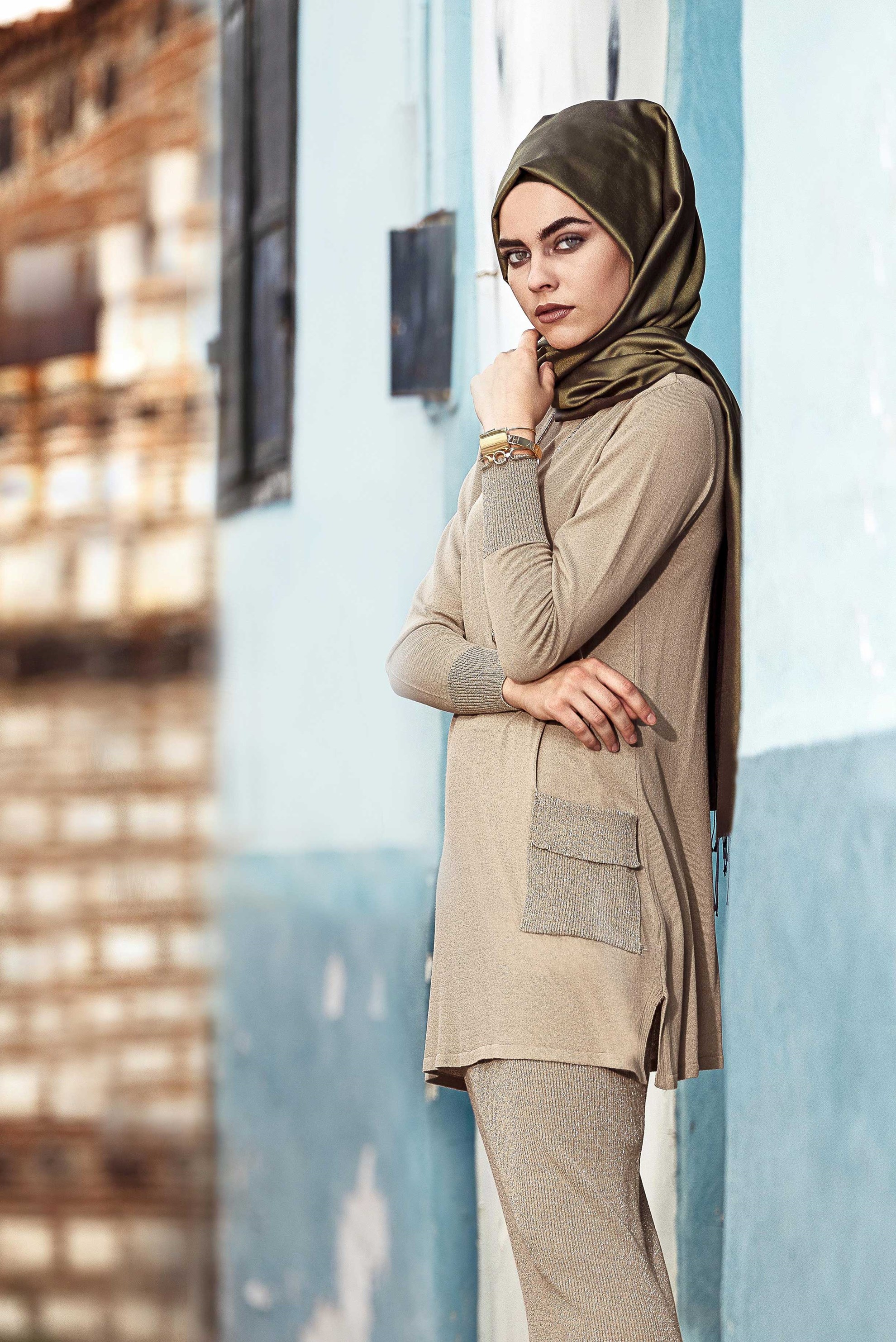 Hijab clothing BEIGE KNIT SKIRT SUIT 4501