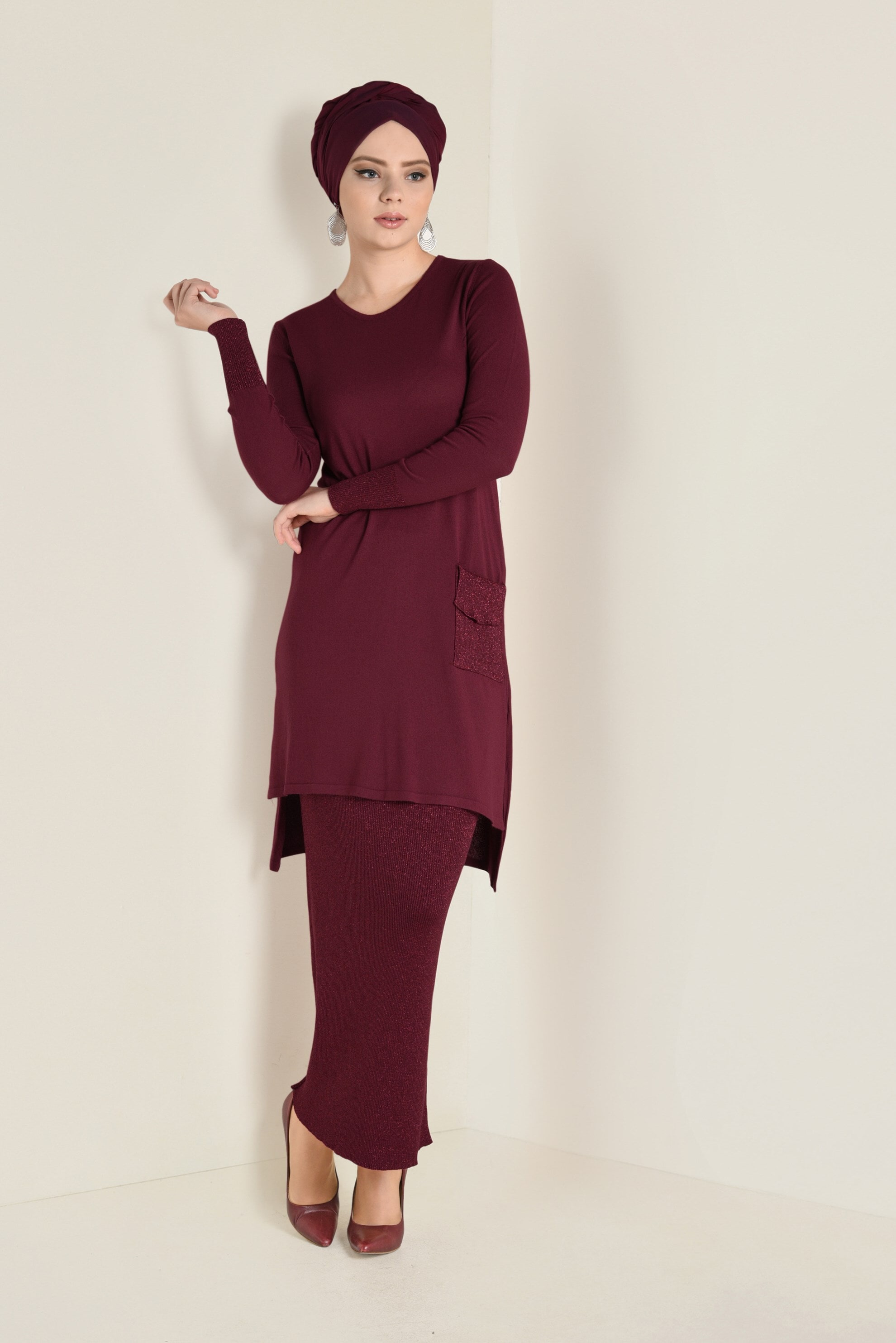 Hijab clothing CLARET RED KNIT SKIRT SUIT 4501