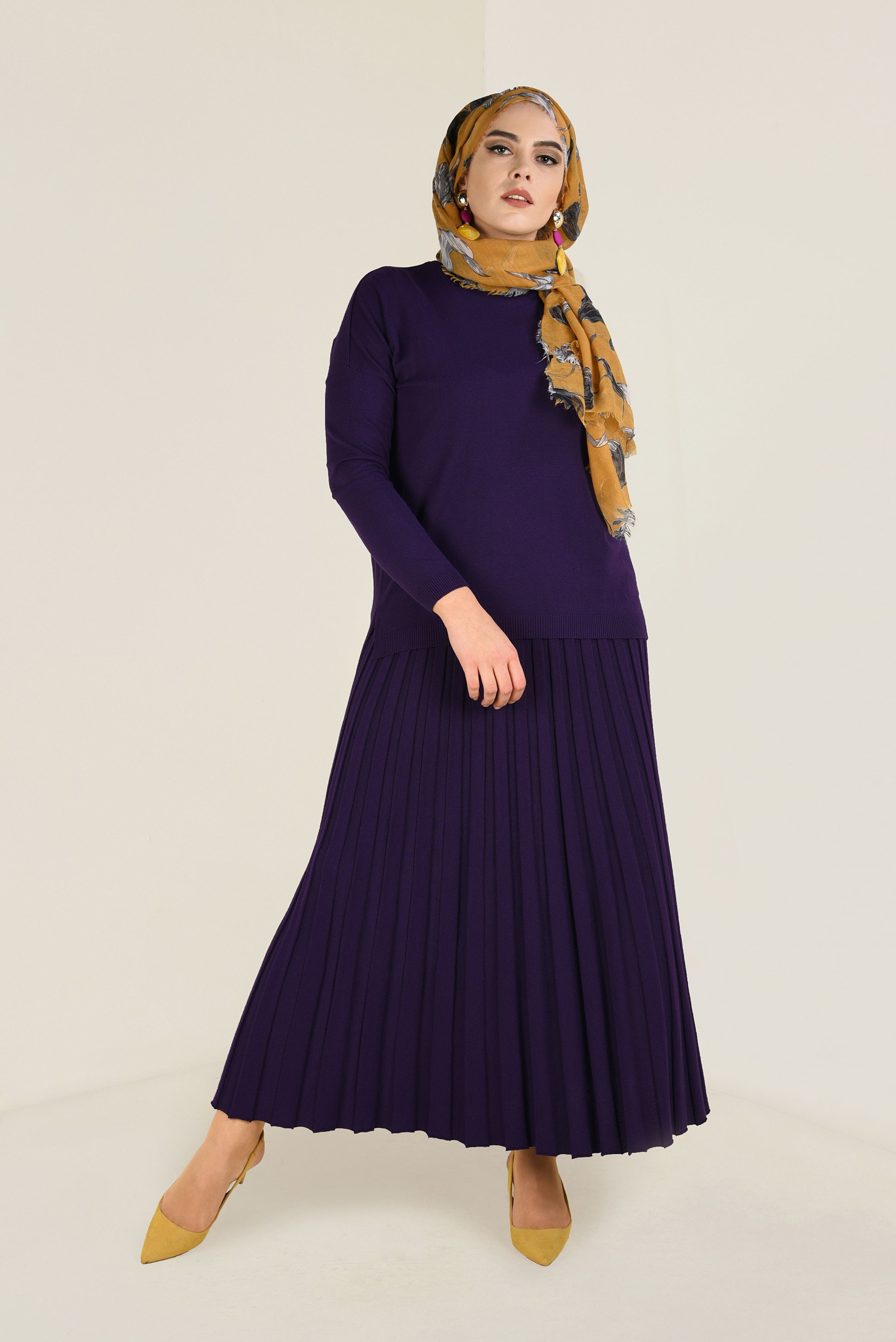 Tesettür giyim MOR ETEĞİ PİLELİ 2&prime;Lİ ETEKLİ TAKIM 4502 