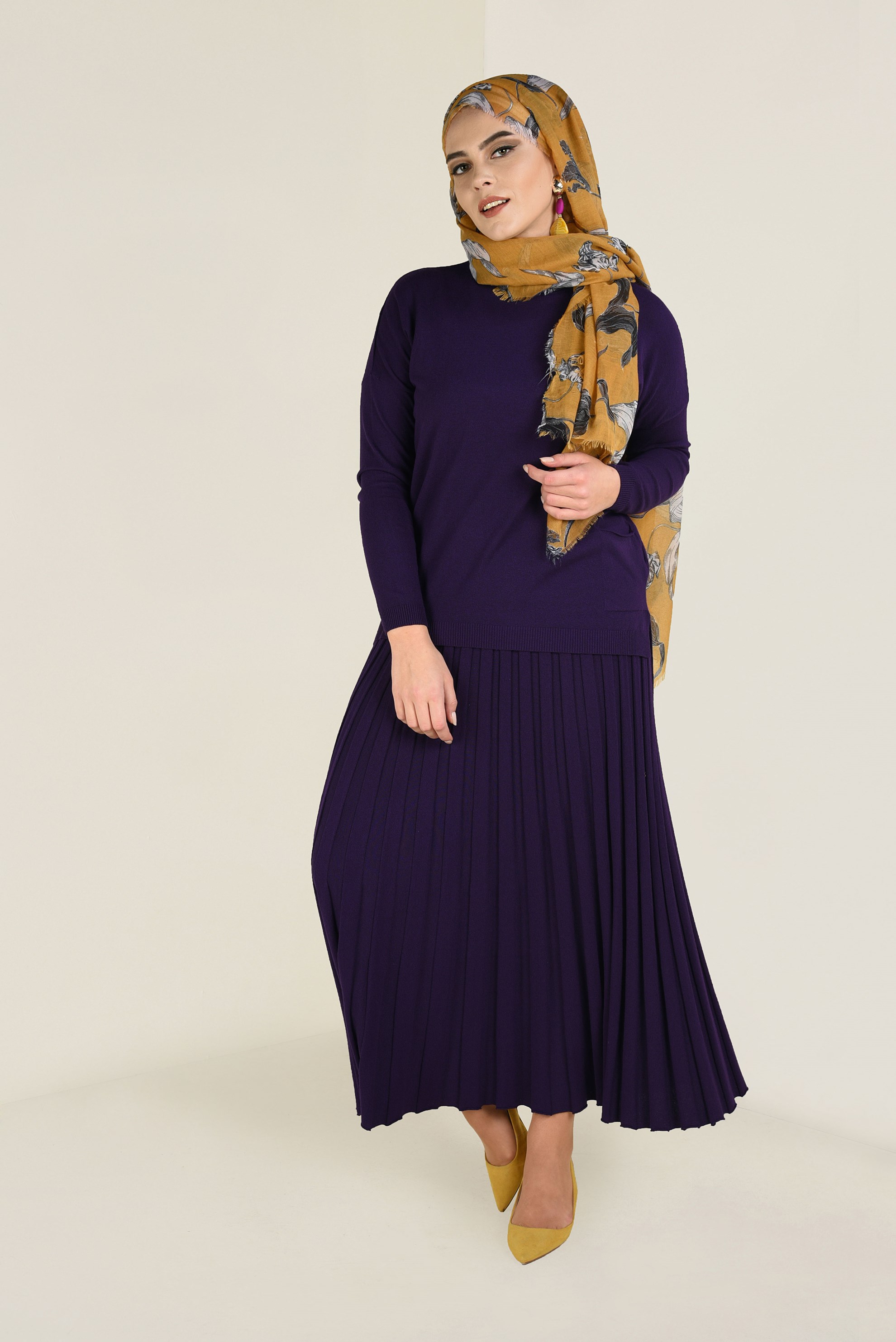 Tesettür giyim MOR ETEĞİ PİLELİ 2&prime;Lİ ETEKLİ TAKIM 4502 