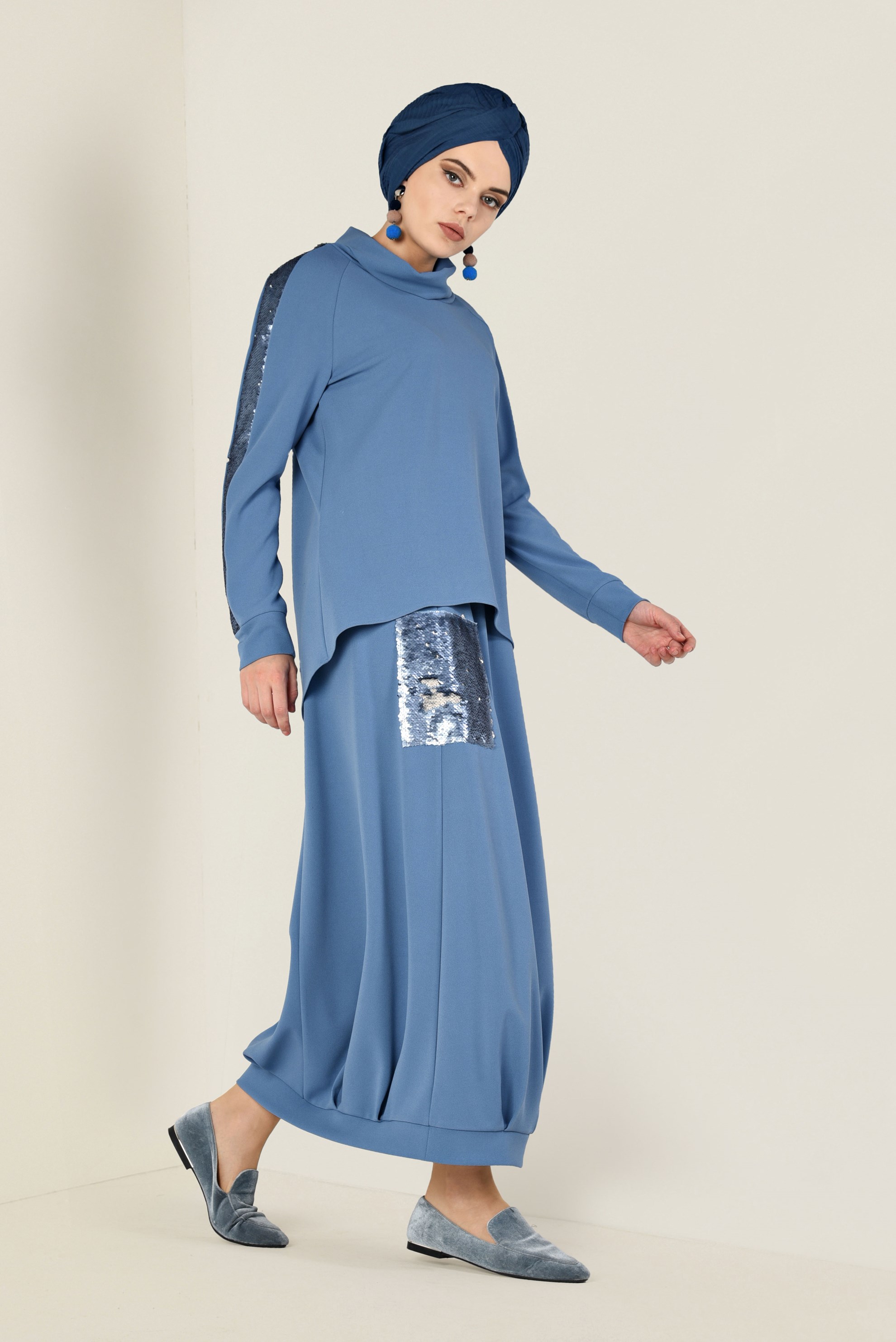 Tesettür giyim MAVİ PUL PAYET DETAYLI ETEKLİ TAKIM 4611
