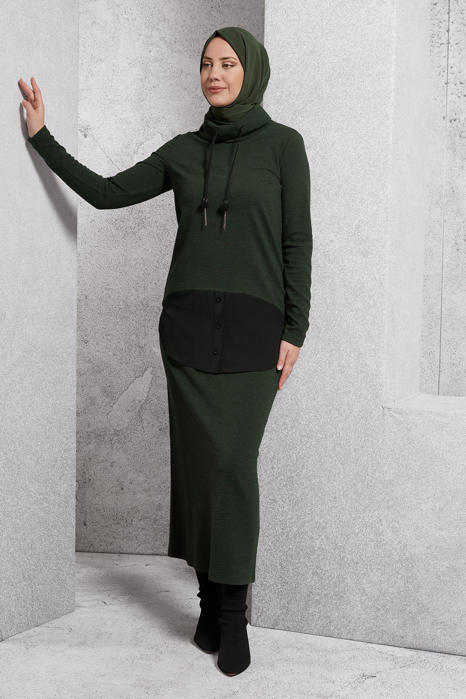 Tesettür giyim HAKİ GARNİLİ BÜYÜK BEDEN ETEKLİ TAKIM 4613