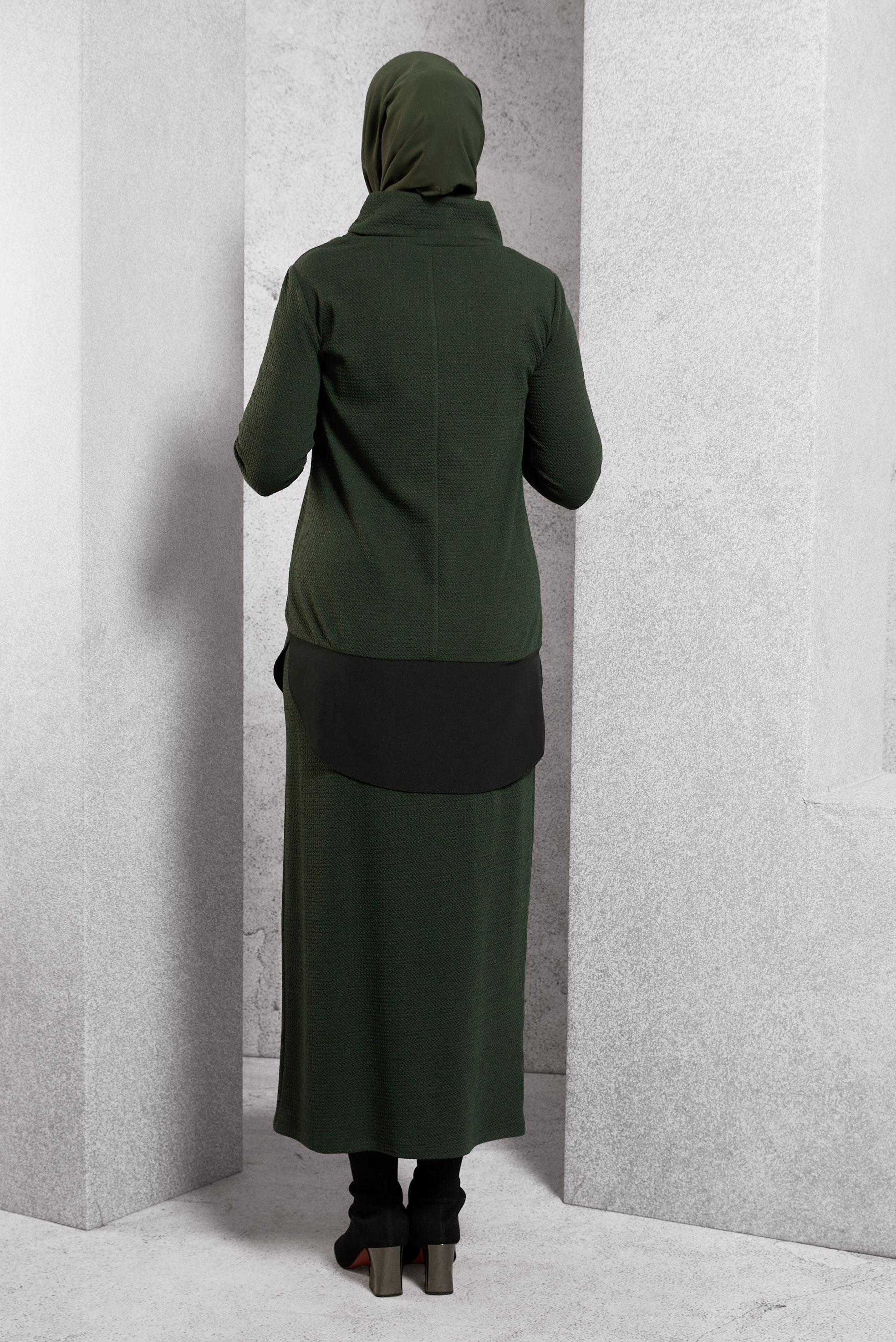 Tesettür giyim HAKİ GARNİLİ BÜYÜK BEDEN ETEKLİ TAKIM 4613