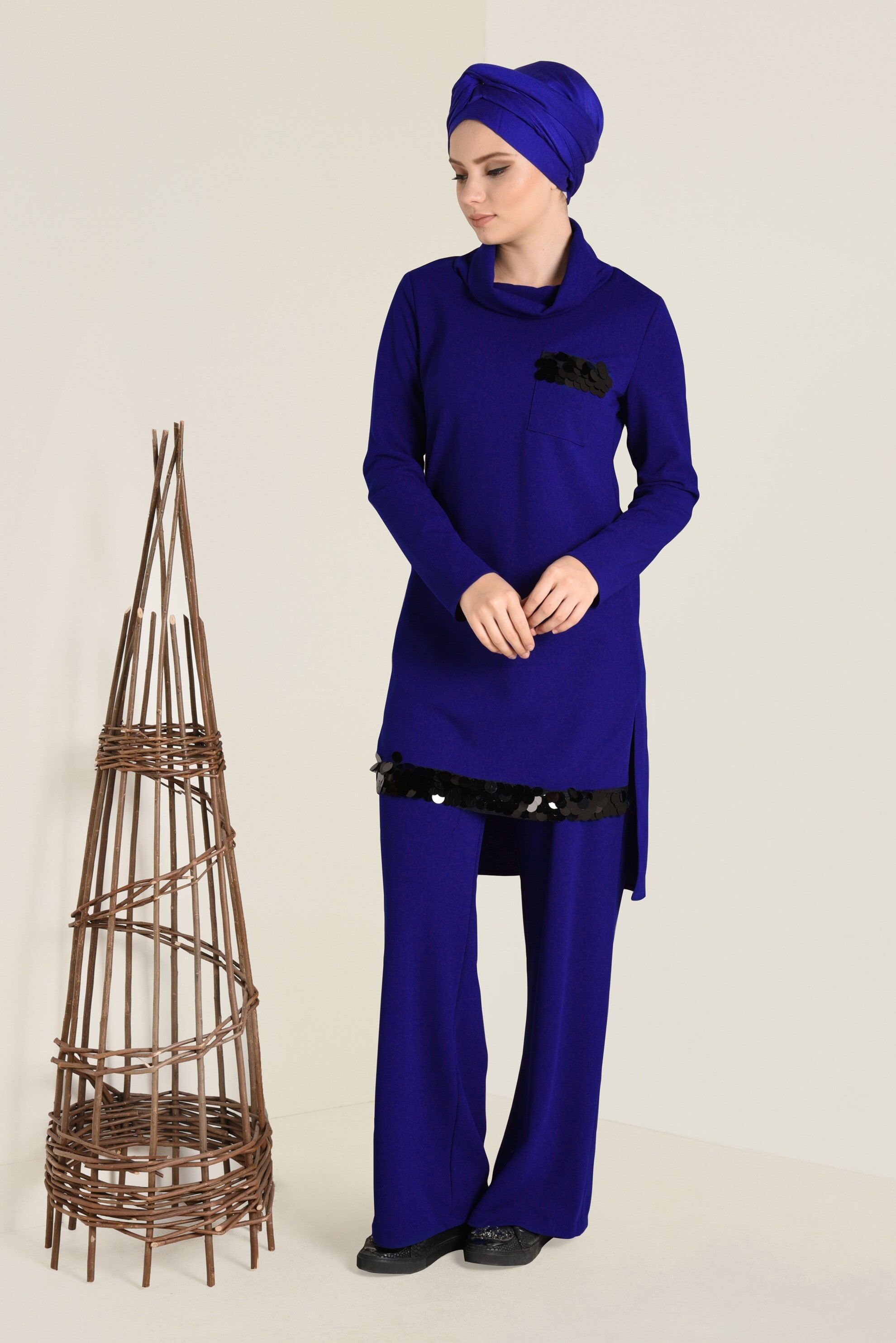 Tesettür giyim MAVİ PUL İŞLEMELİ 2′Lİ PANTOLONLU TAKIM 4559