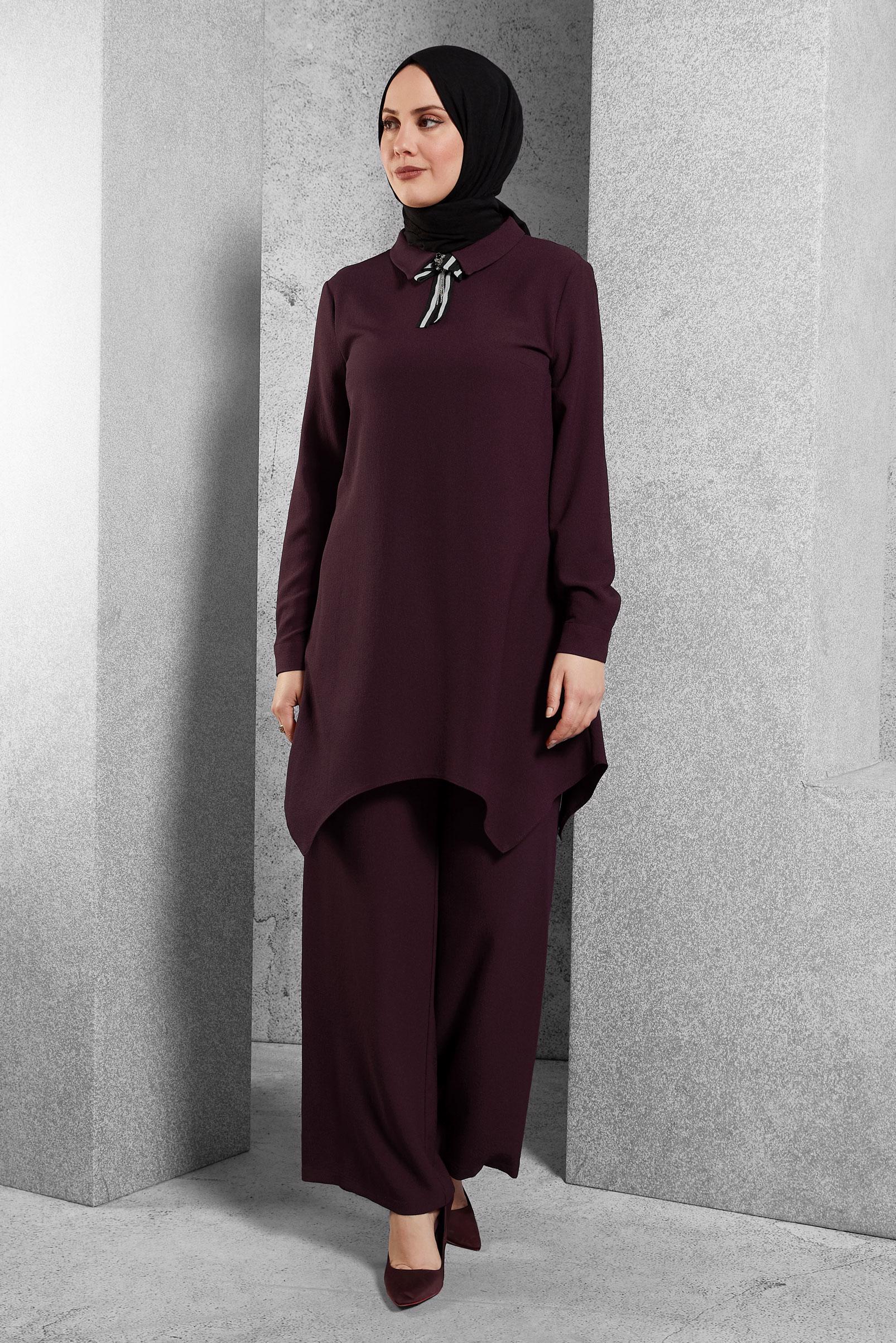 Tesettür giyim BORDO FİYONK DETAYLI PANTOLONLU TAKIM 4560