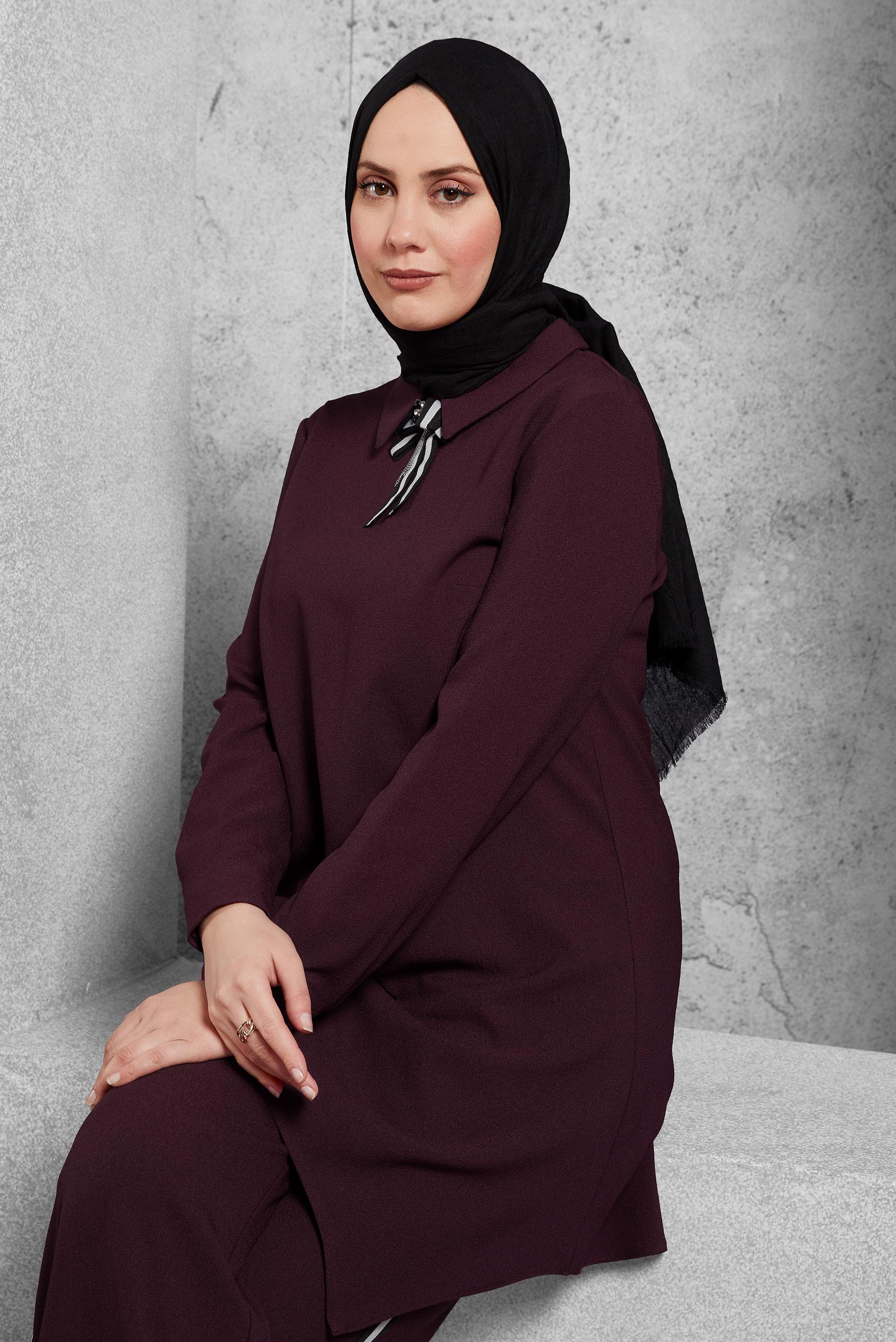 Tesettür giyim BORDO FİYONK DETAYLI PANTOLONLU TAKIM 4560