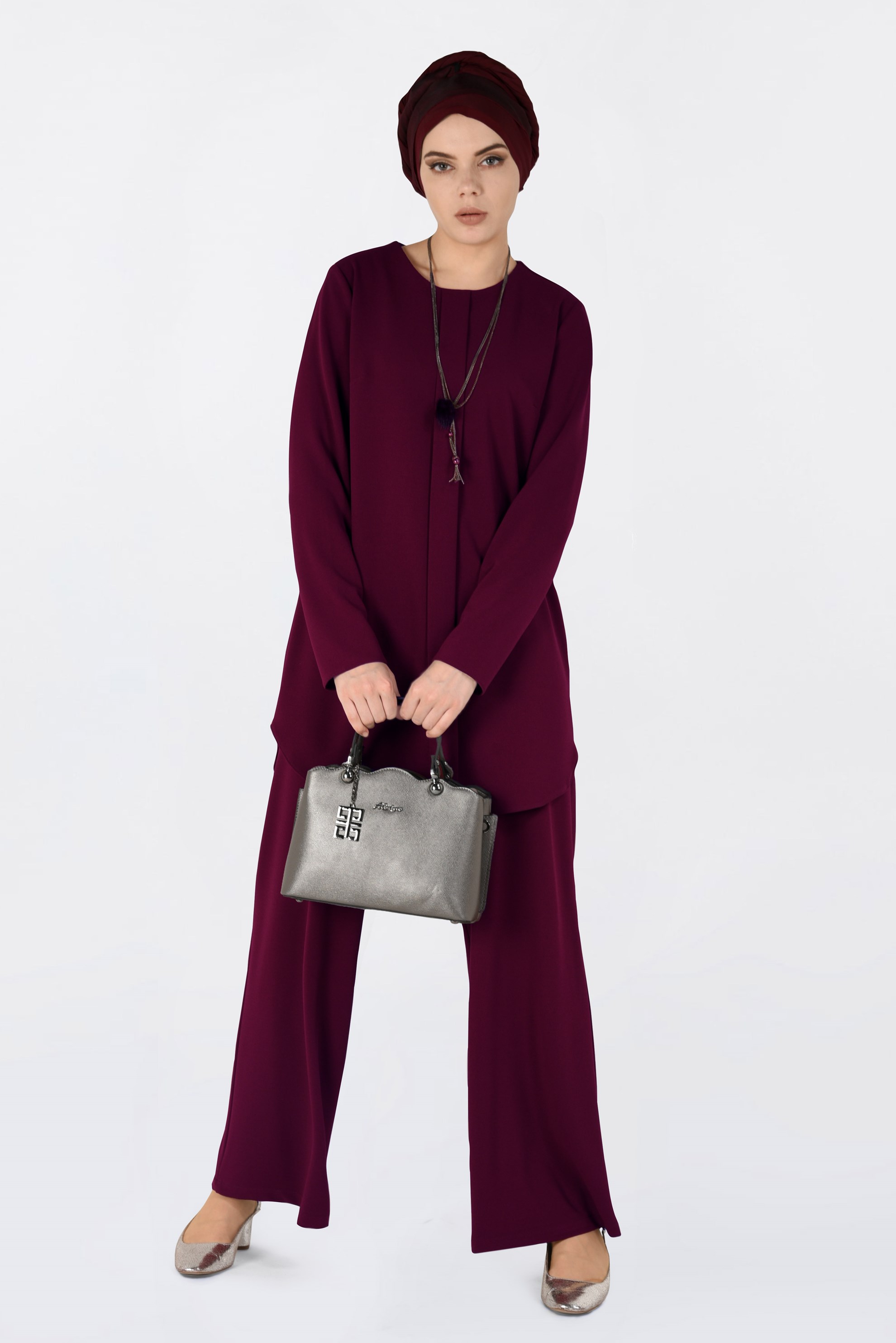 Tesettür giyim BORDO BİSİKLET YAKA 2′Lİ PANTOLON TAKIM 4561
