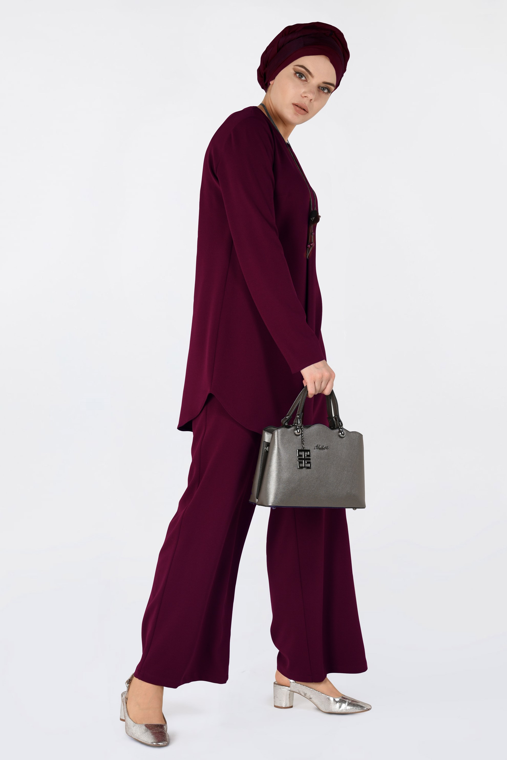 Tesettür giyim BORDO BİSİKLET YAKA 2′Lİ PANTOLON TAKIM 4561