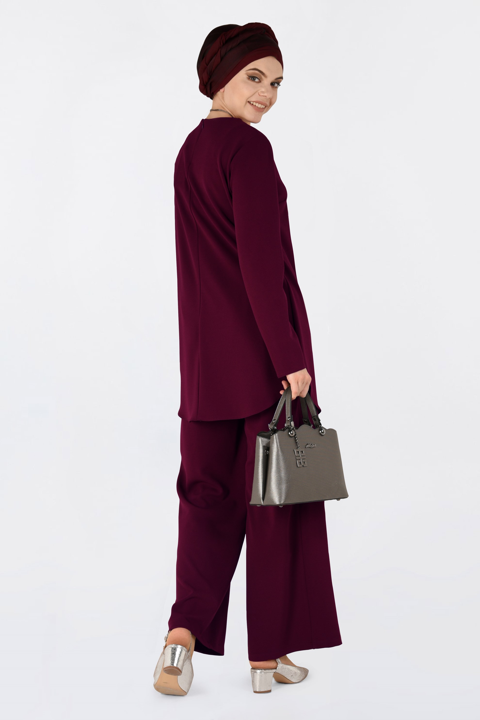 Tesettür giyim BORDO BİSİKLET YAKA 2′Lİ PANTOLON TAKIM 4561