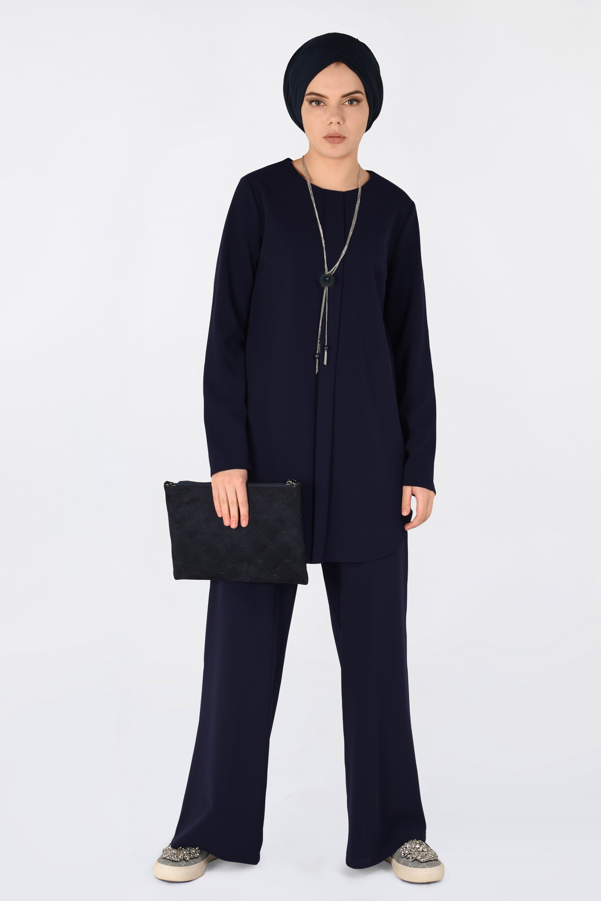 Tesettür giyim LACİVERT BİSİKLET YAKA 2′Lİ PANTOLON TAKIM 4561