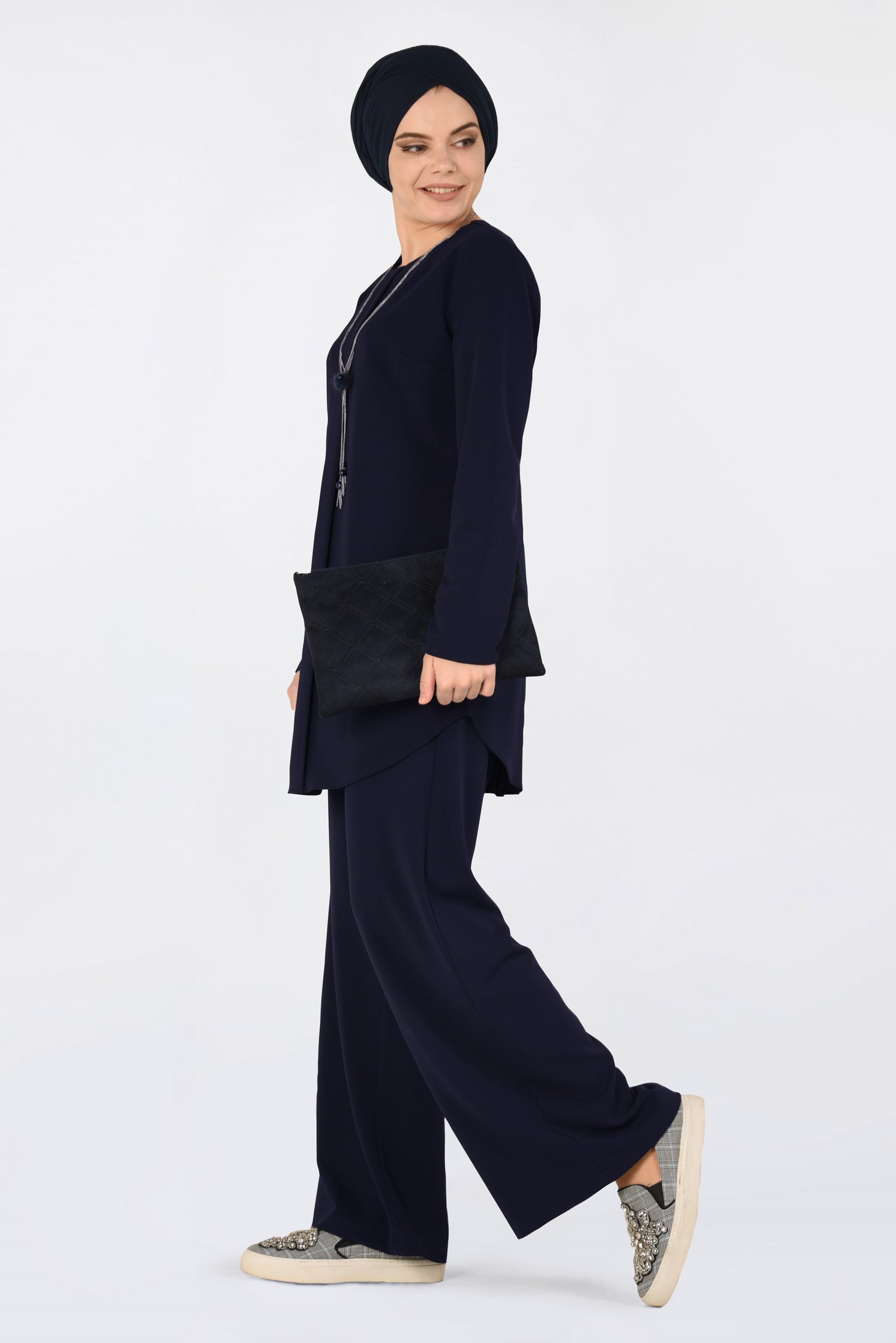 Tesettür giyim LACİVERT BİSİKLET YAKA 2′Lİ PANTOLON TAKIM 4561