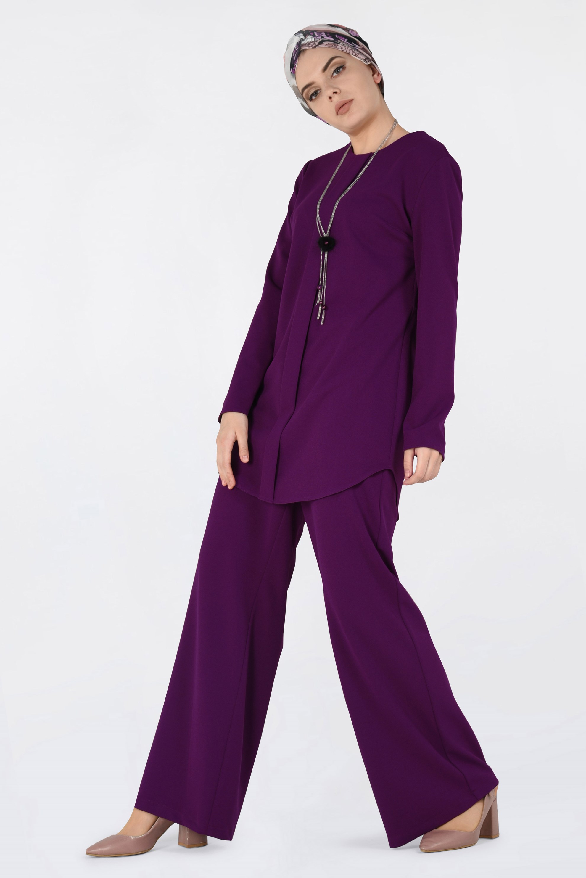 Tesettür giyim MOR BİSİKLET YAKA 2′Lİ PANTOLON TAKIM 4561