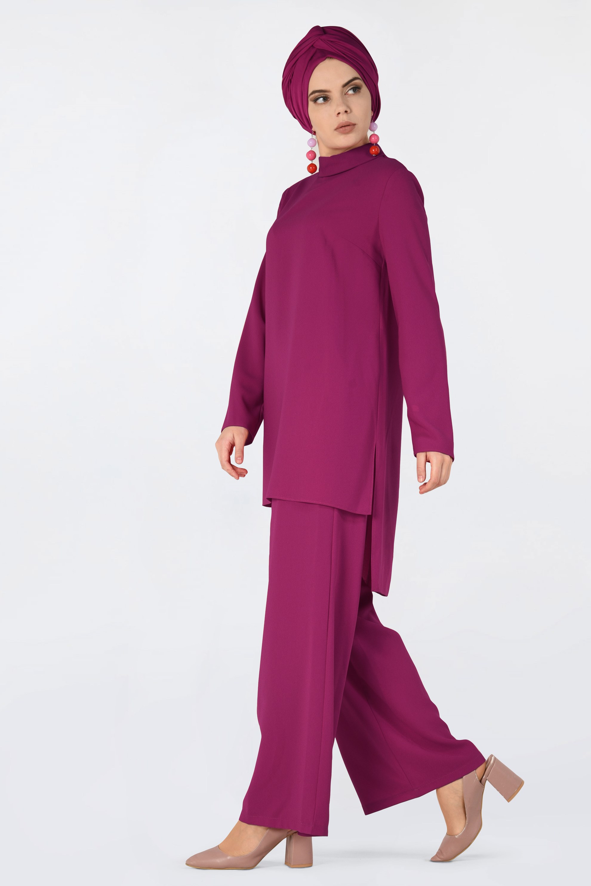 Tesettür giyim FUŞYA YANDAN YIRTMAÇLI PANTOLONLU TAKIM 4763