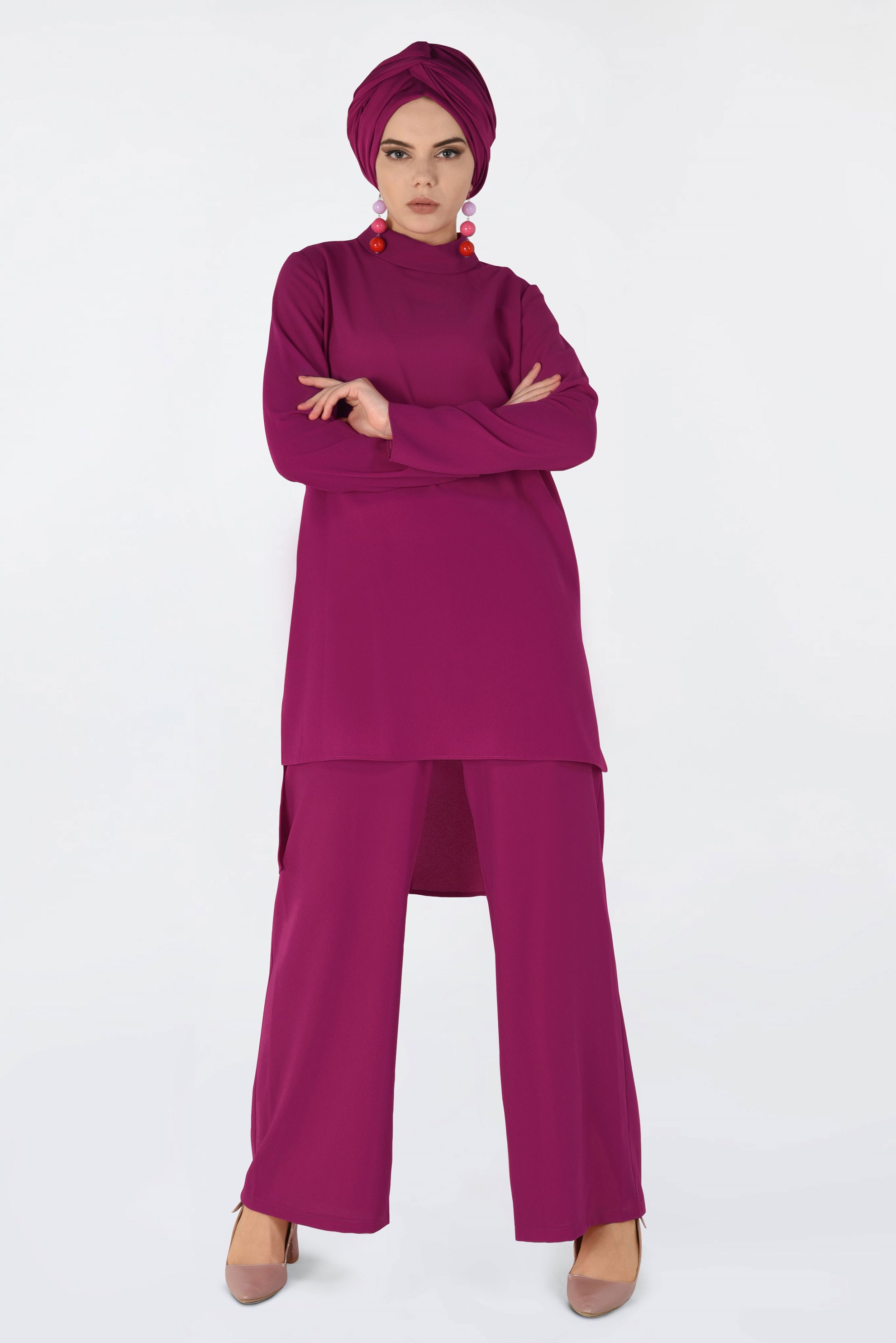 Tesettür giyim FUŞYA YANDAN YIRTMAÇLI PANTOLONLU TAKIM 4763