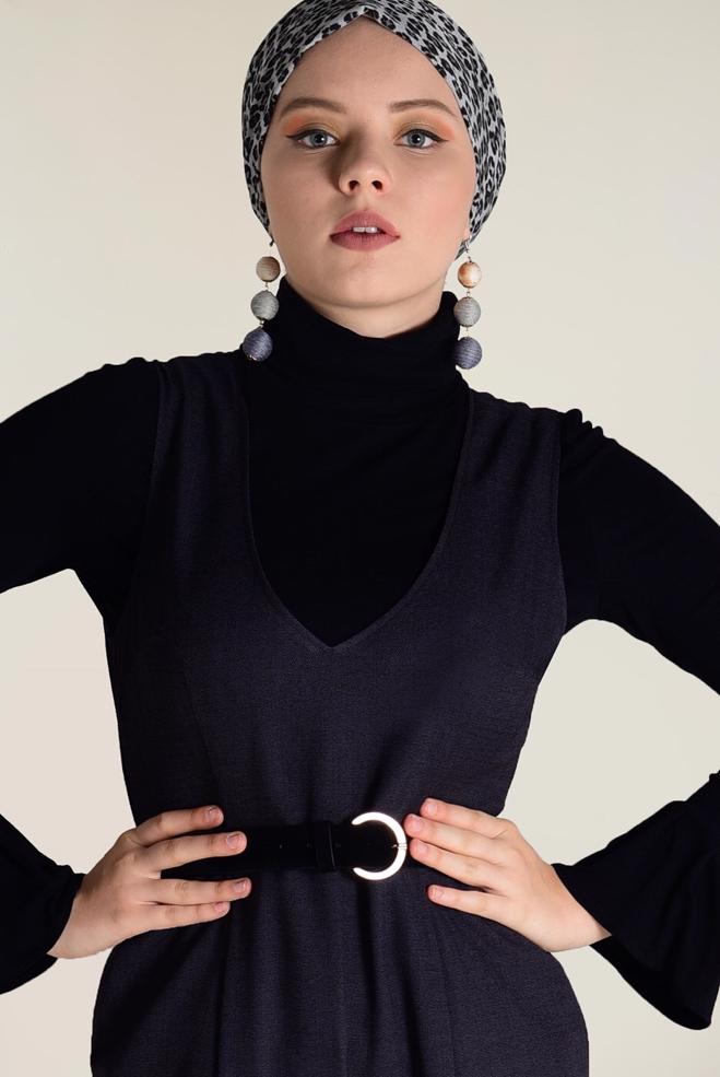 Hijab clothing BLACK V-NECK BELTED JUMPSUIT 4574  - ALVİNA