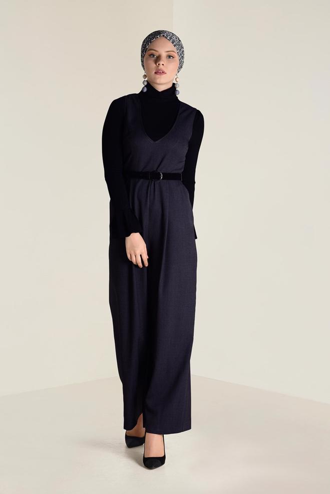 Hijab clothing BLACK V-NECK BELTED JUMPSUIT 4574  - ALVİNA