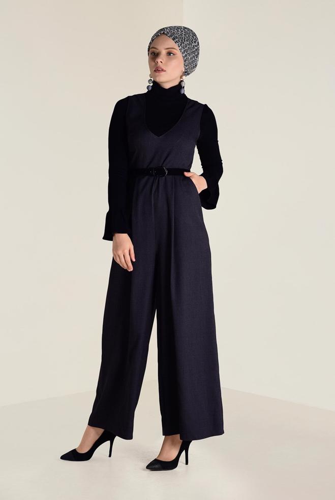 Hijab clothing BLACK V-NECK BELTED JUMPSUIT 4574  - ALVİNA