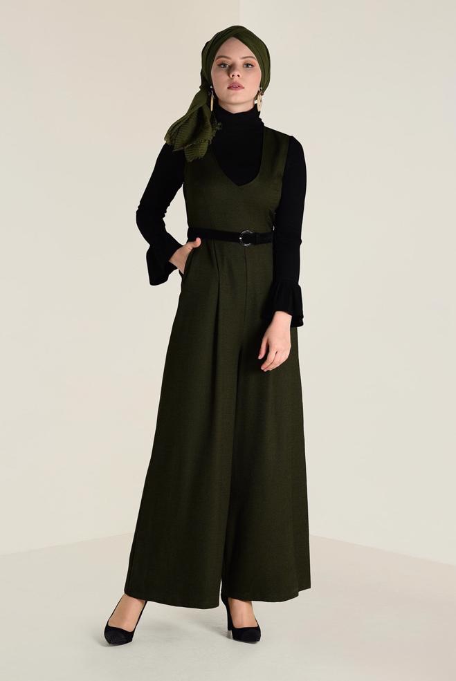 Hijab clothing KHAKI V-NECK BELTED JUMPSUIT 4574  - ALVİNA