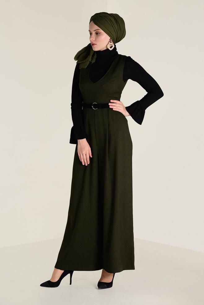 Hijab clothing KHAKI V-NECK BELTED JUMPSUIT 4574  - ALVİNA