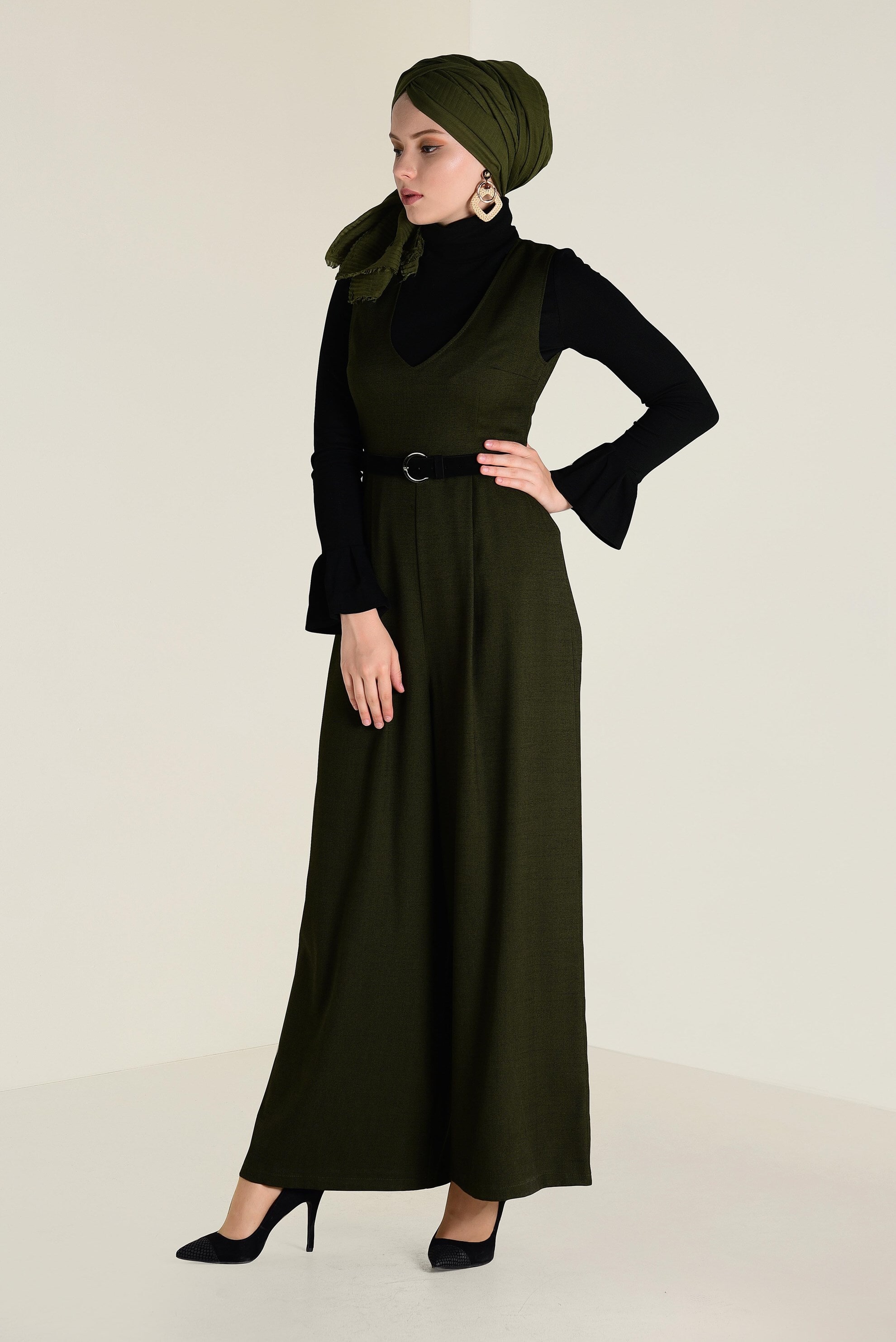 Hijab-Kleidung KHAKI V-AUSSCHNITT GÜRTEL OVERALL 4574