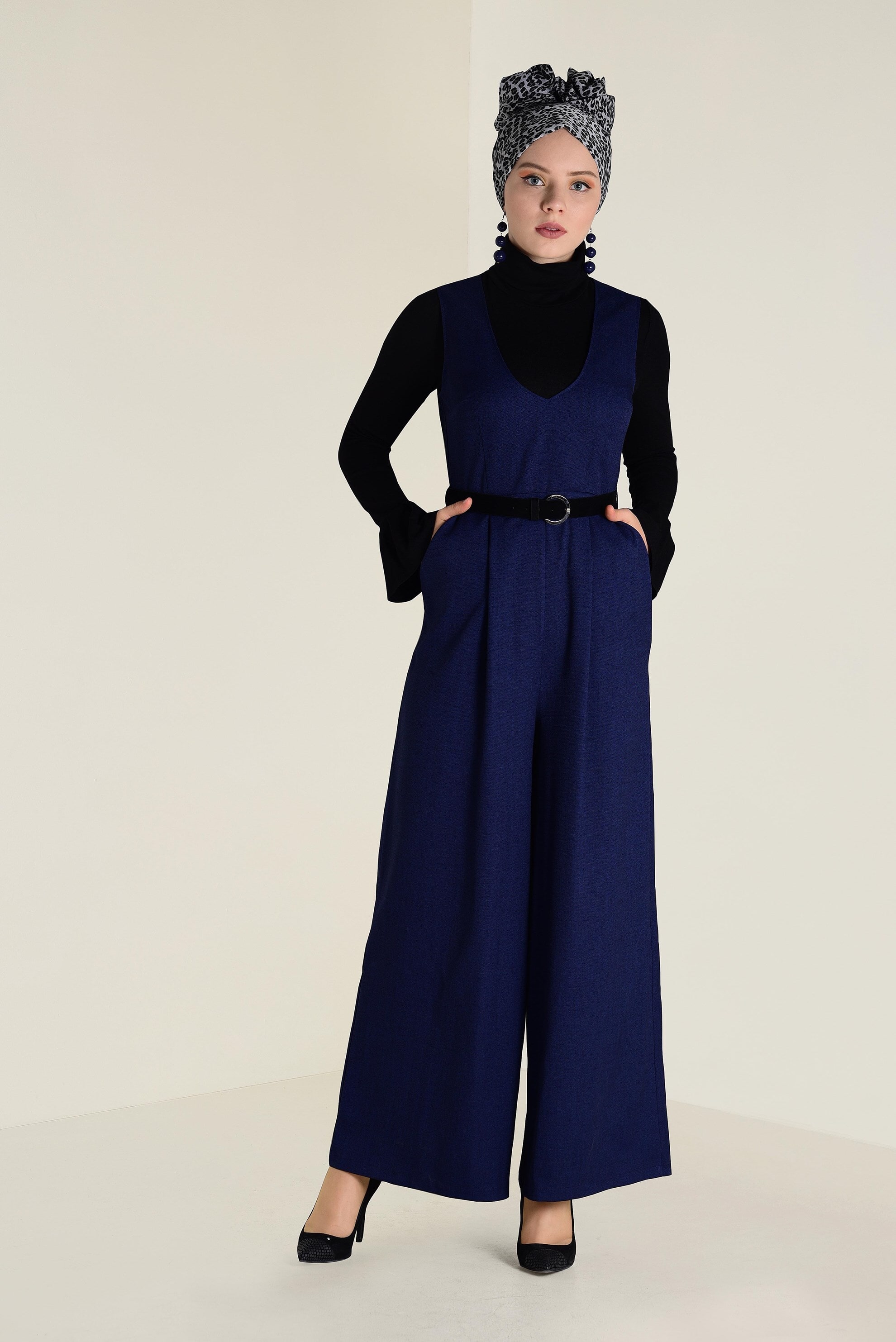Hijab-Kleidung NAVY BLAU V-AUSSCHNITT GÜRTEL OVERALL 4574