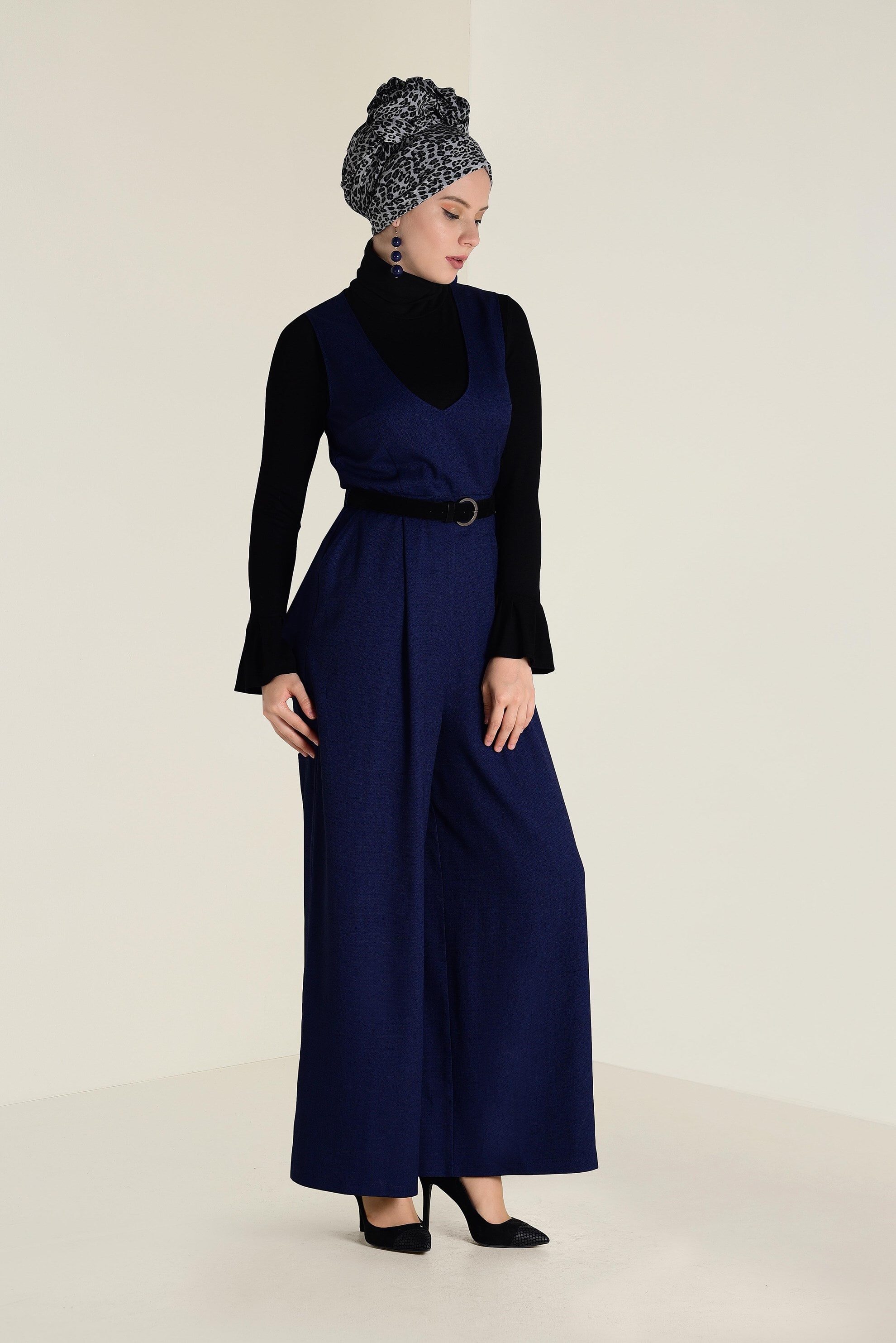 Hijab-Kleidung NAVY BLAU V-AUSSCHNITT GÜRTEL OVERALL 4574