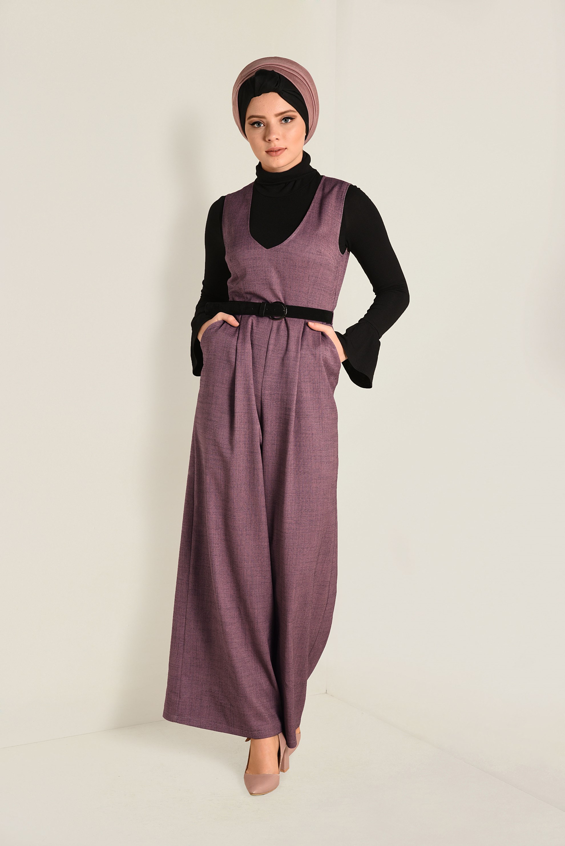 Hijab clothing POWDER V-NECK BELTED JUMPSUIT 4574 