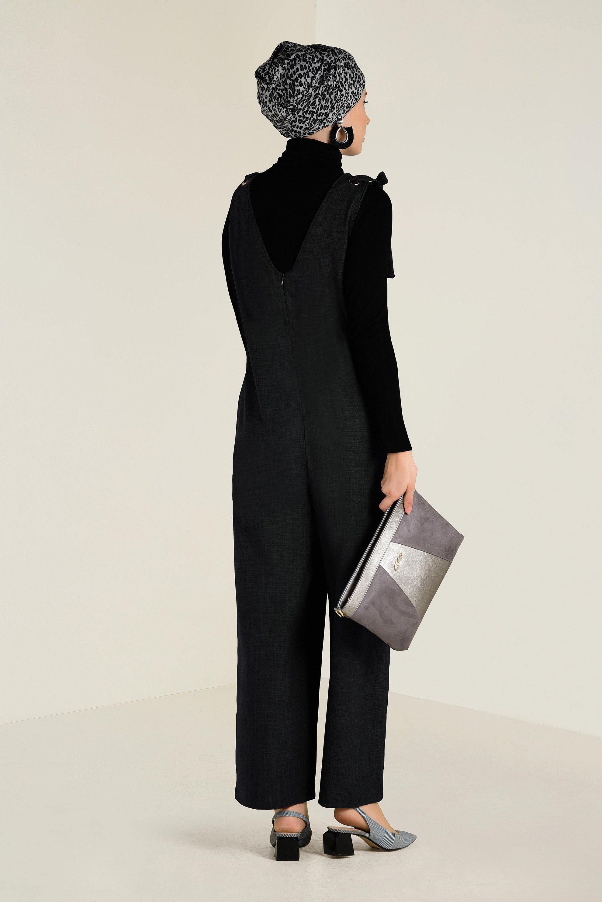 Tesettür giyim GRİ OMUZLARDAN BAĞCIKLI OVERSİZE TULUM 4649