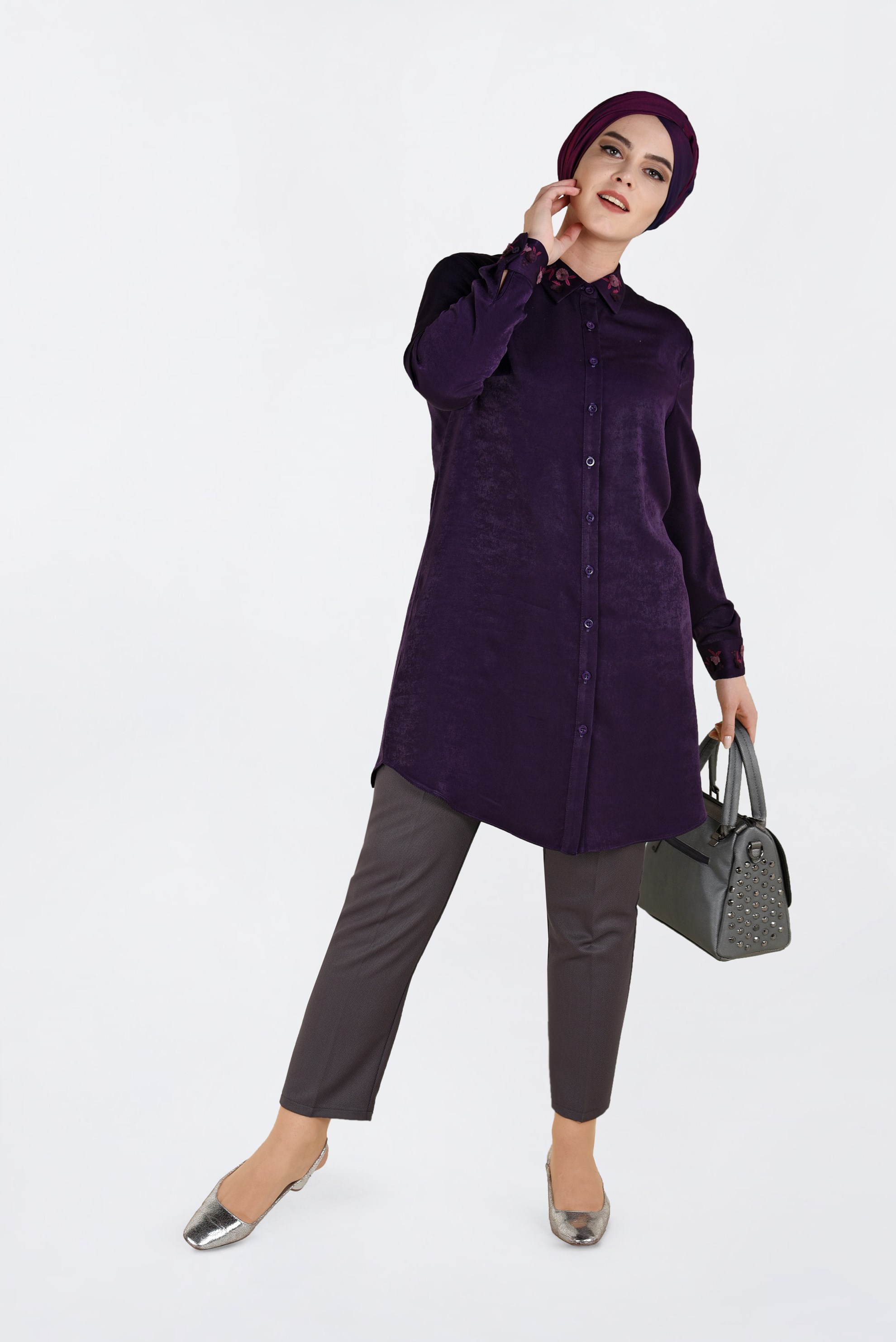 Tesettür giyim MOR NAKIŞ DETAYLI TUNİK 2843