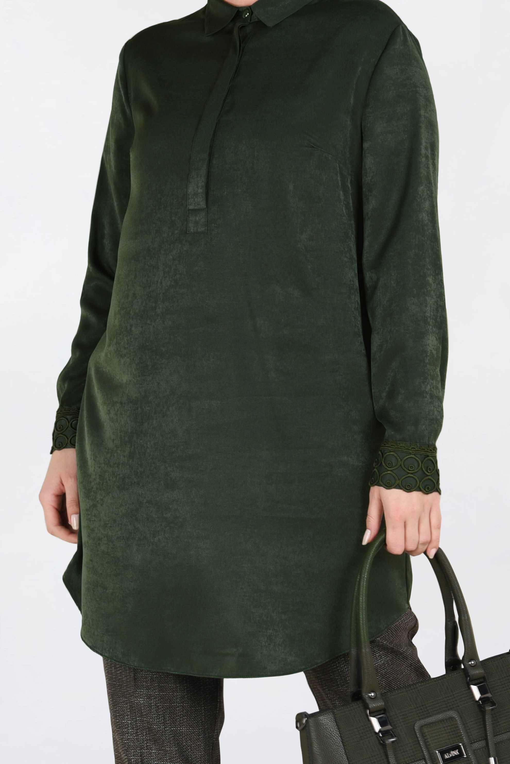 Tesettür giyim HAKİ MANŞETLERİ GÜPÜRLÜ TUNİK 2845 