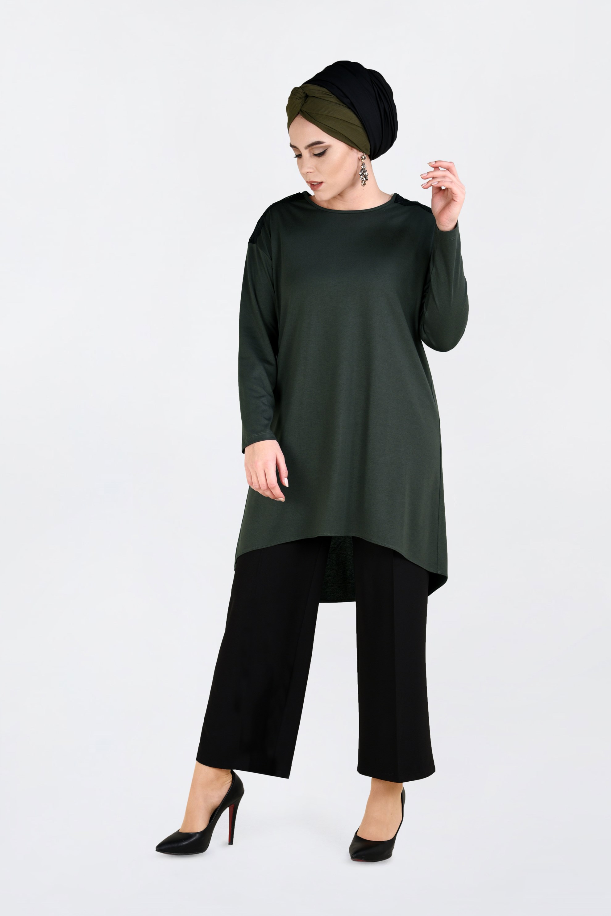 Tesettür giyim HAKİ ASİMETRİK KESİM TUNİK 2846