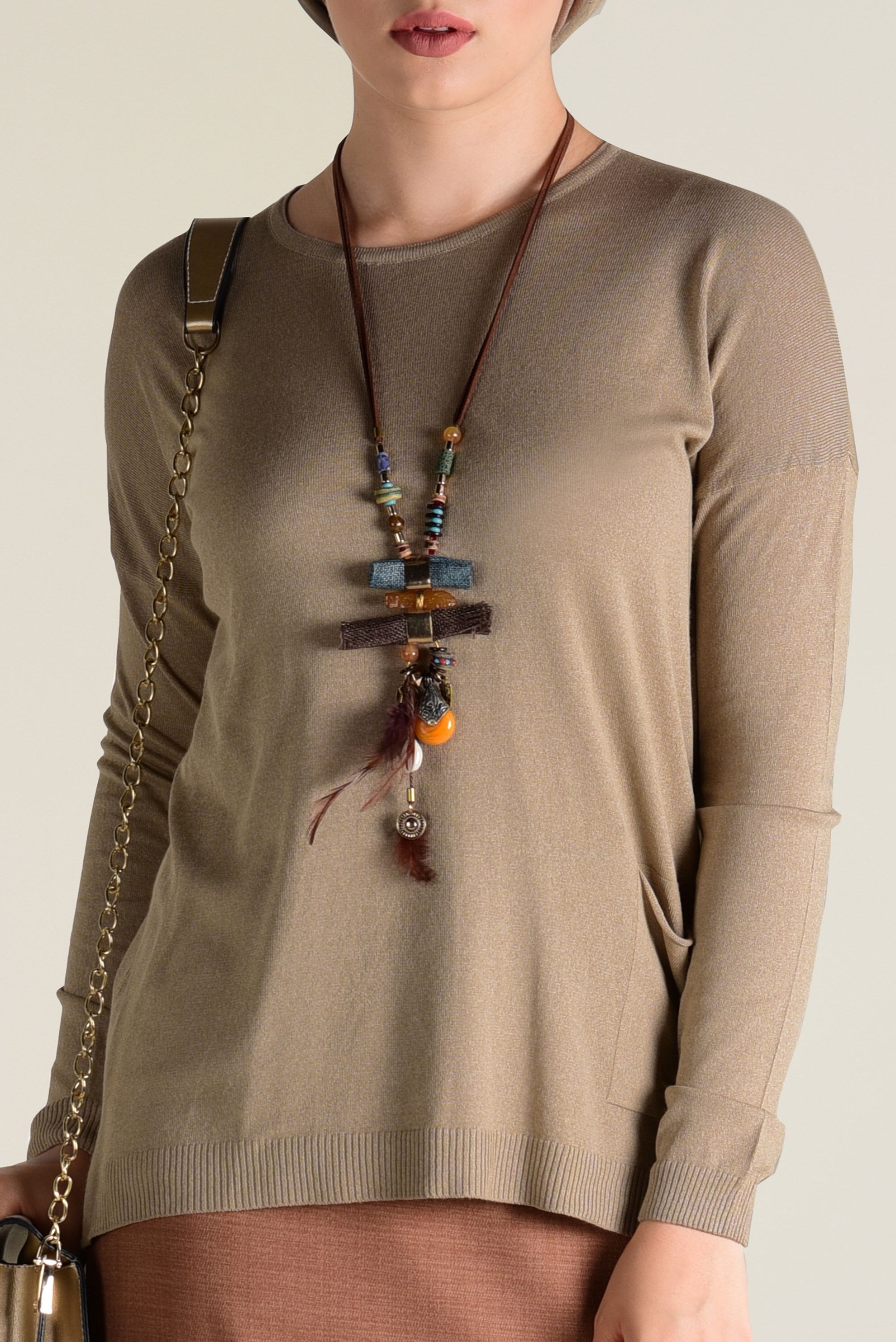 Tesettür giyim BEJ BİSİKLET YAKA TRİKO TUNİK 4503 