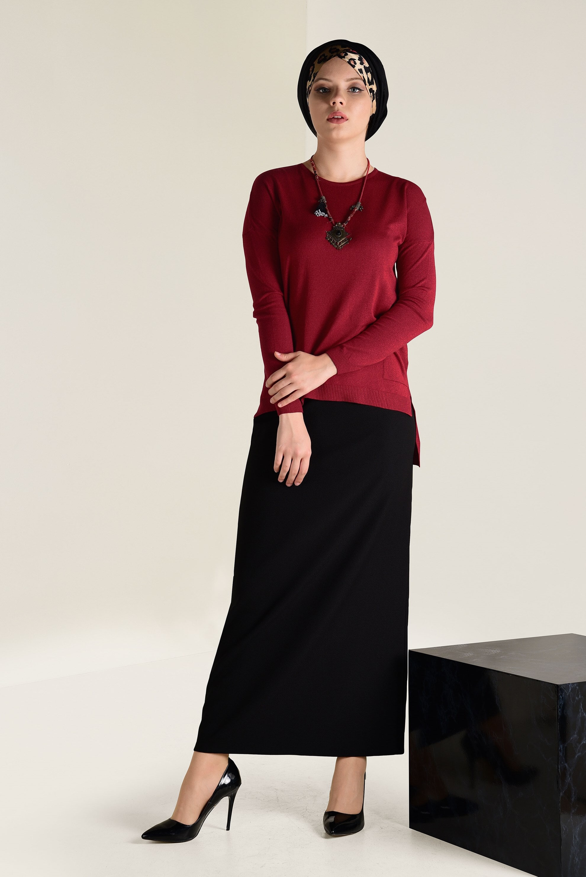 Tesettür giyim TURUNCU BİSİKLET YAKA TRİKO TUNİK 4503 