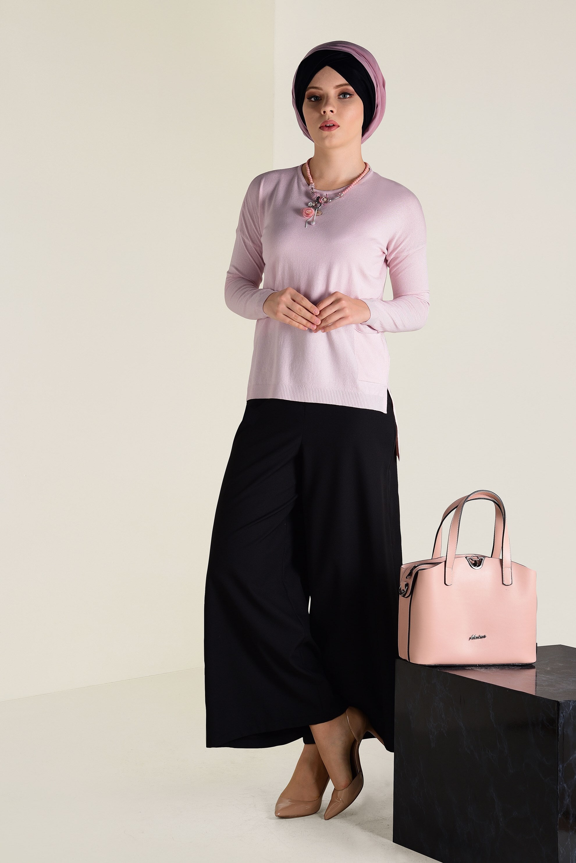Tesettür giyim PUDRA BİSİKLET YAKA TRİKO TUNİK 4503 