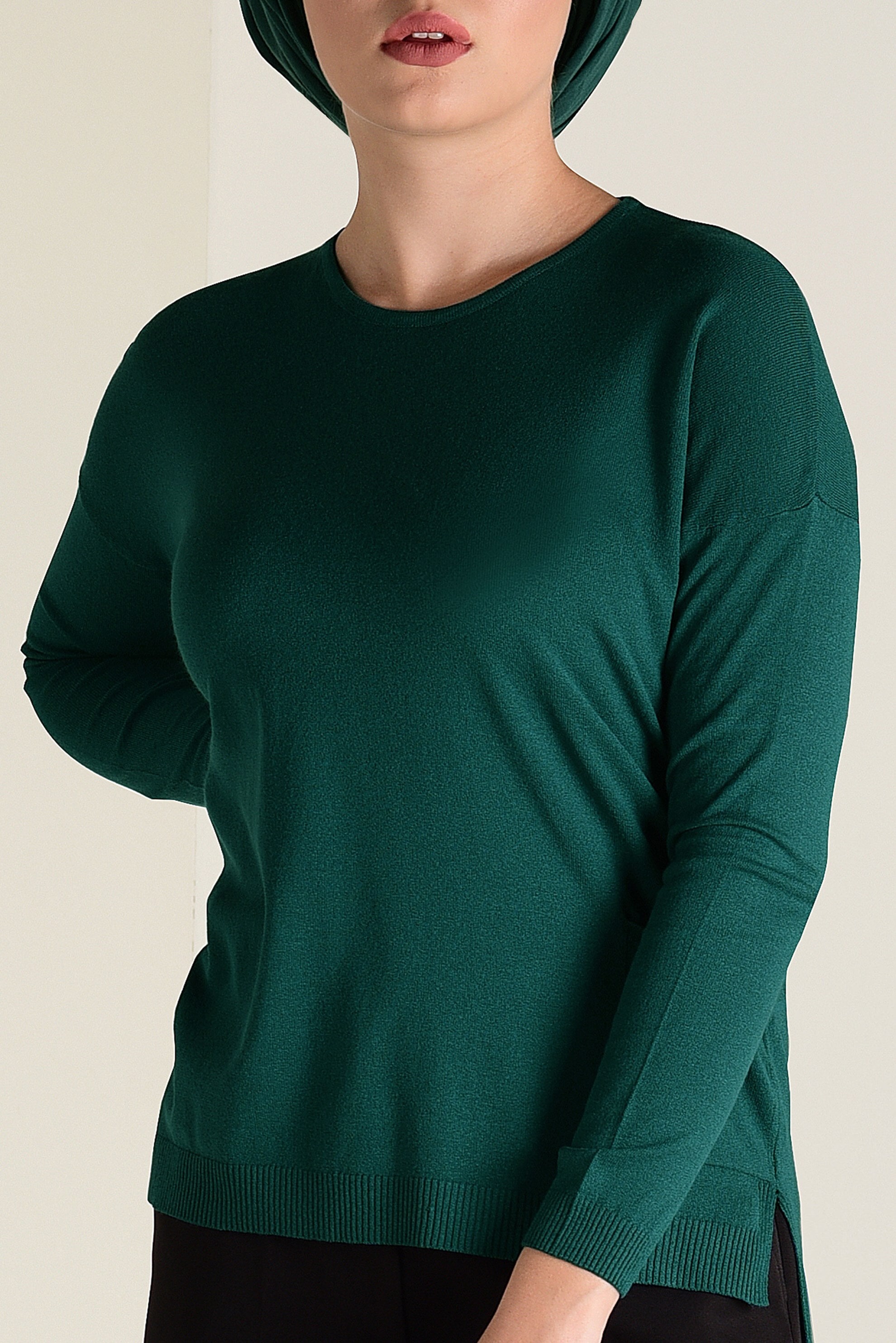 Tesettür giyim YEŞİL BİSİKLET YAKA TRİKO TUNİK 4503 